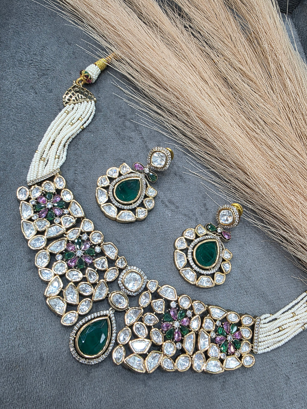 Arifa Polki Kundan Choker Necklace Set- Emerald Multi