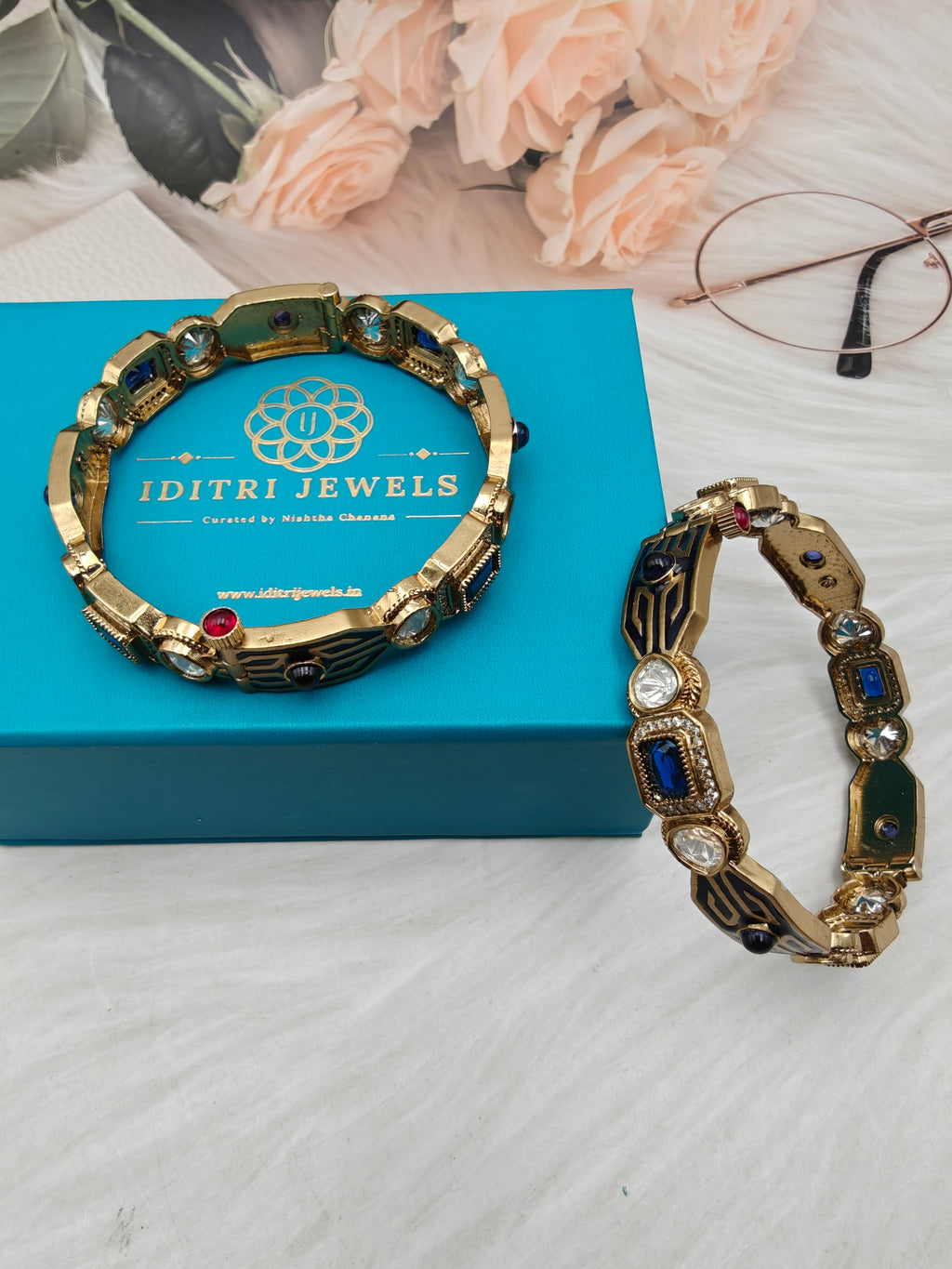 Sargam Enamel and Moissanite Openable Bangles- Blue