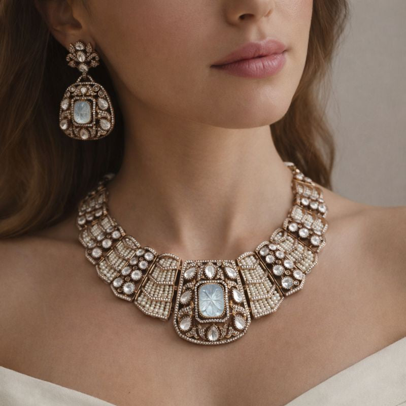 Vandita Carving Stone with Moissanite Necklace Set- White