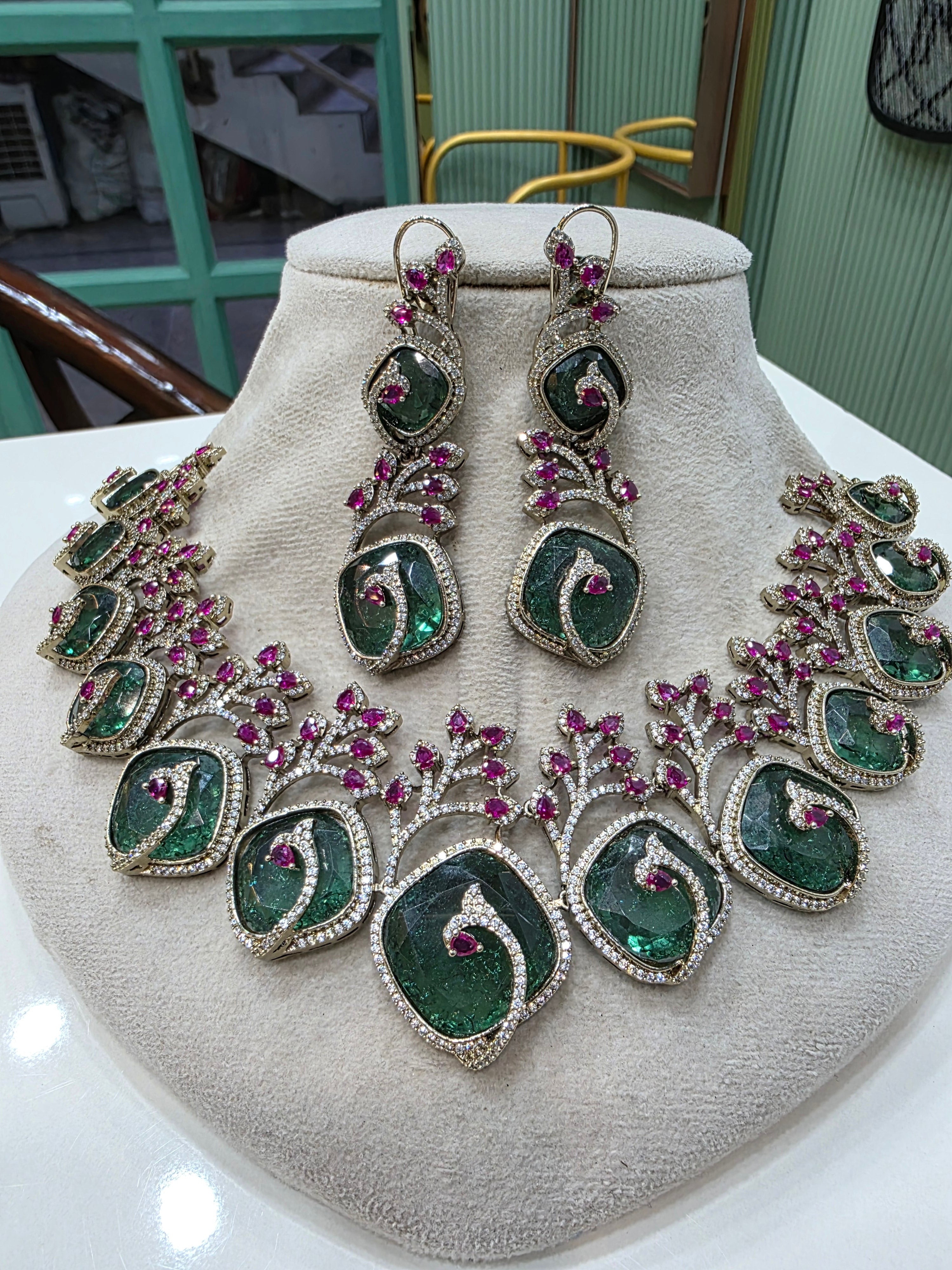 Shloka Designer Concept Statement Necklace Set- Rama Green Ruby