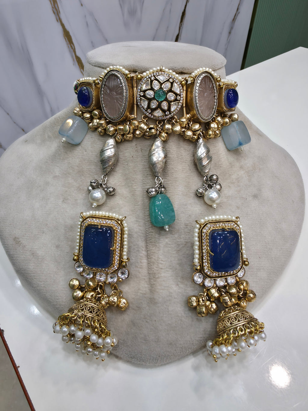 Akshala Amrapali Brass Fusion Handcrafted Choker - Rose Quartz n Blue Sapphire