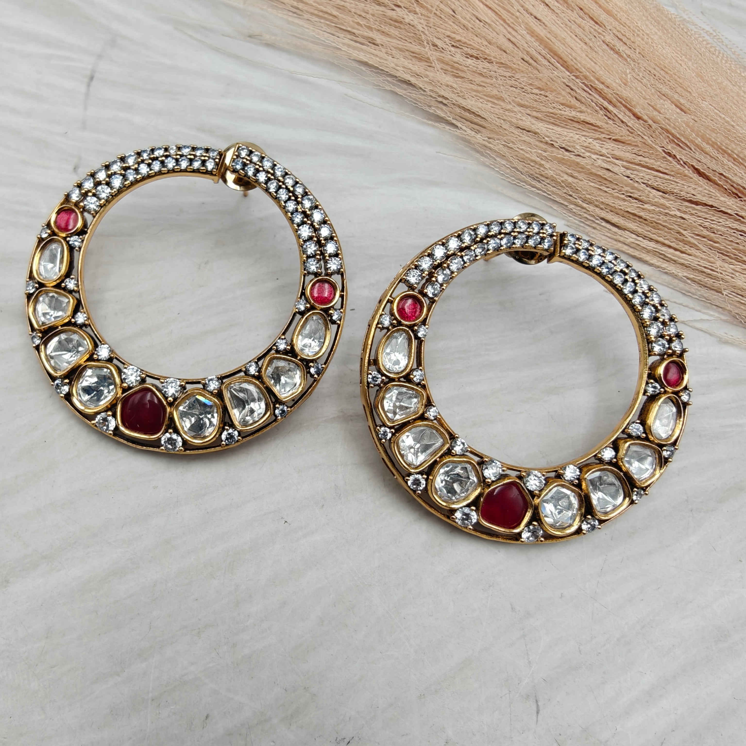 Chanda Uncut Moissanite Polki Statement Hoop style Earrings- Ruby