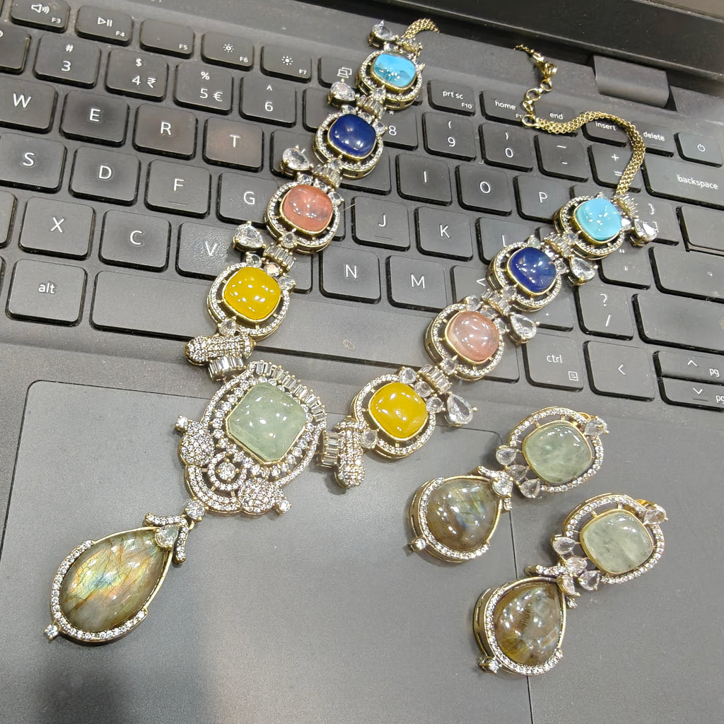 Aasma Sabya Inspired Quartz Doublet Necklace Set- Mint Labrodorite Multi