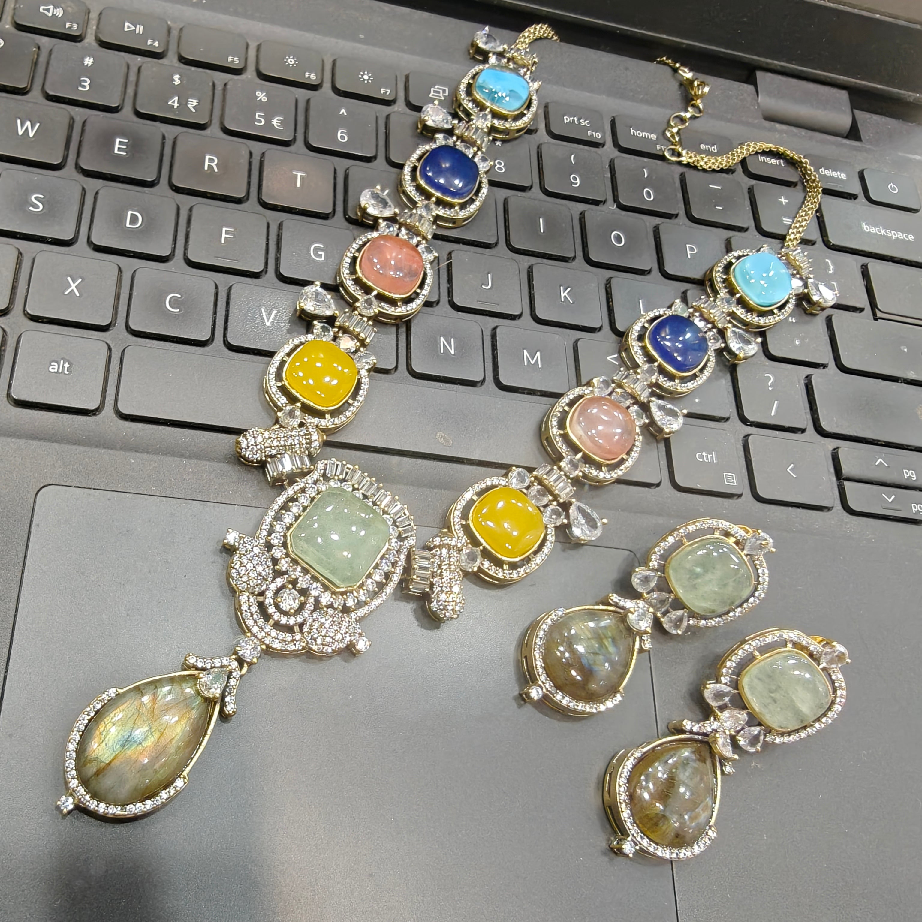 Aasma Sabya Inspired Quartz Doublet Necklace Set- Mint Labrodorite Multi