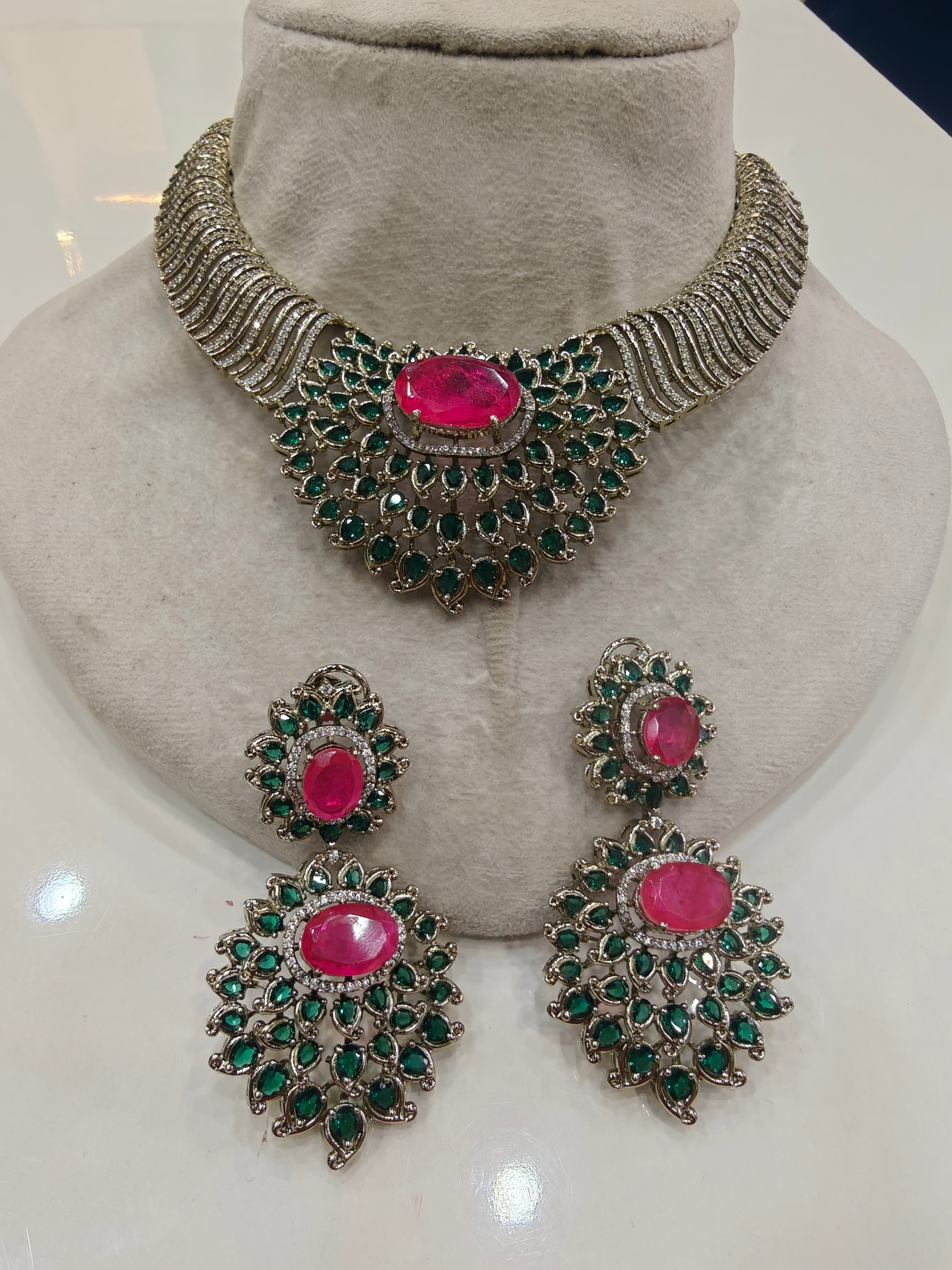 Ratiya Designer Collection Statement Necklace Set- Green and Hot Pink