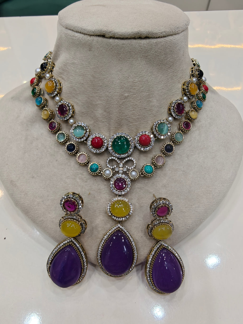 Ankahee Sabya inspired Quartz Doublet Navratan Necklace Set- Purple Multi