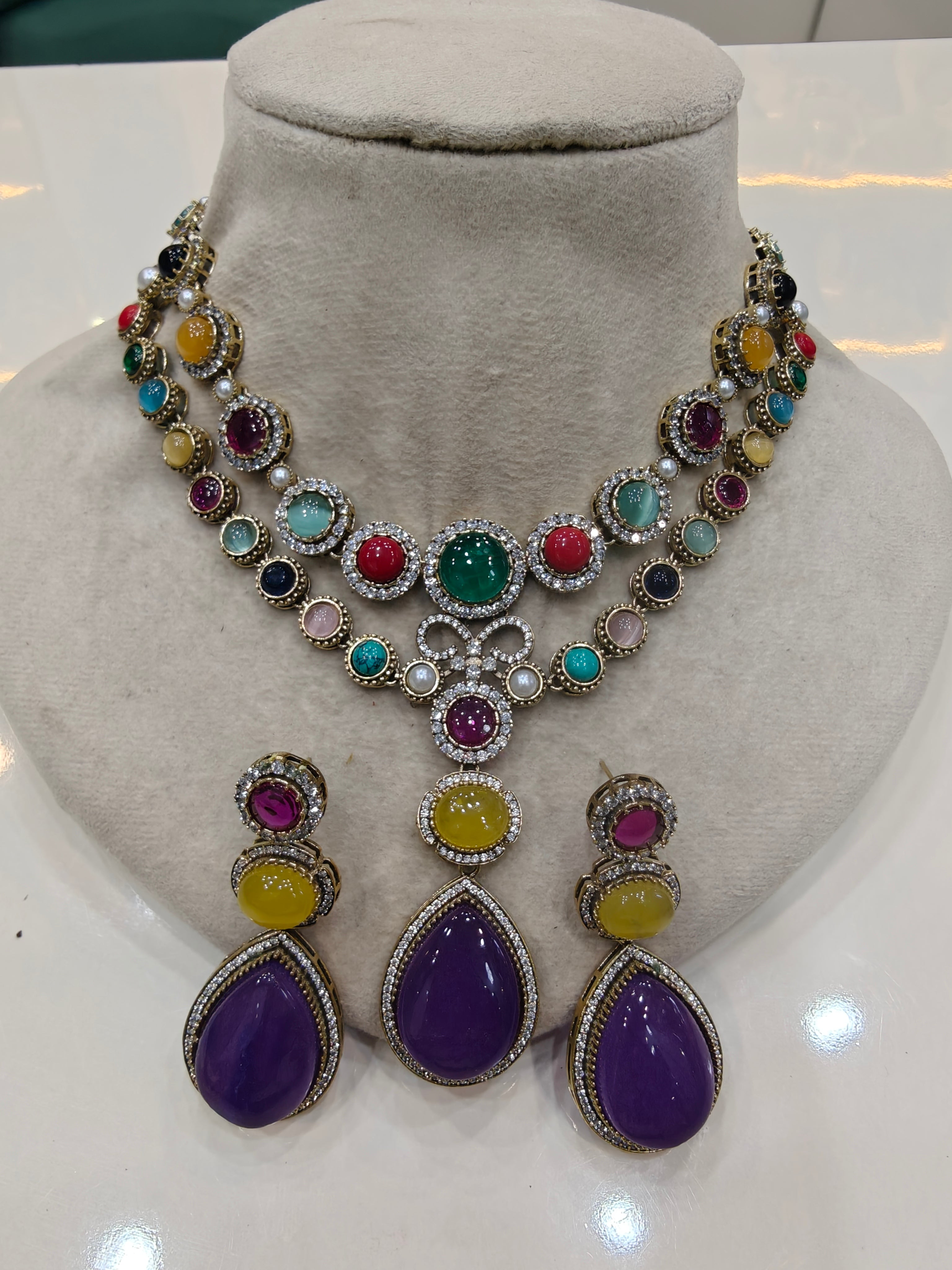 Ankahee Sabya inspired Quartz Doublet Navratan Necklace Set- Purple Multi
