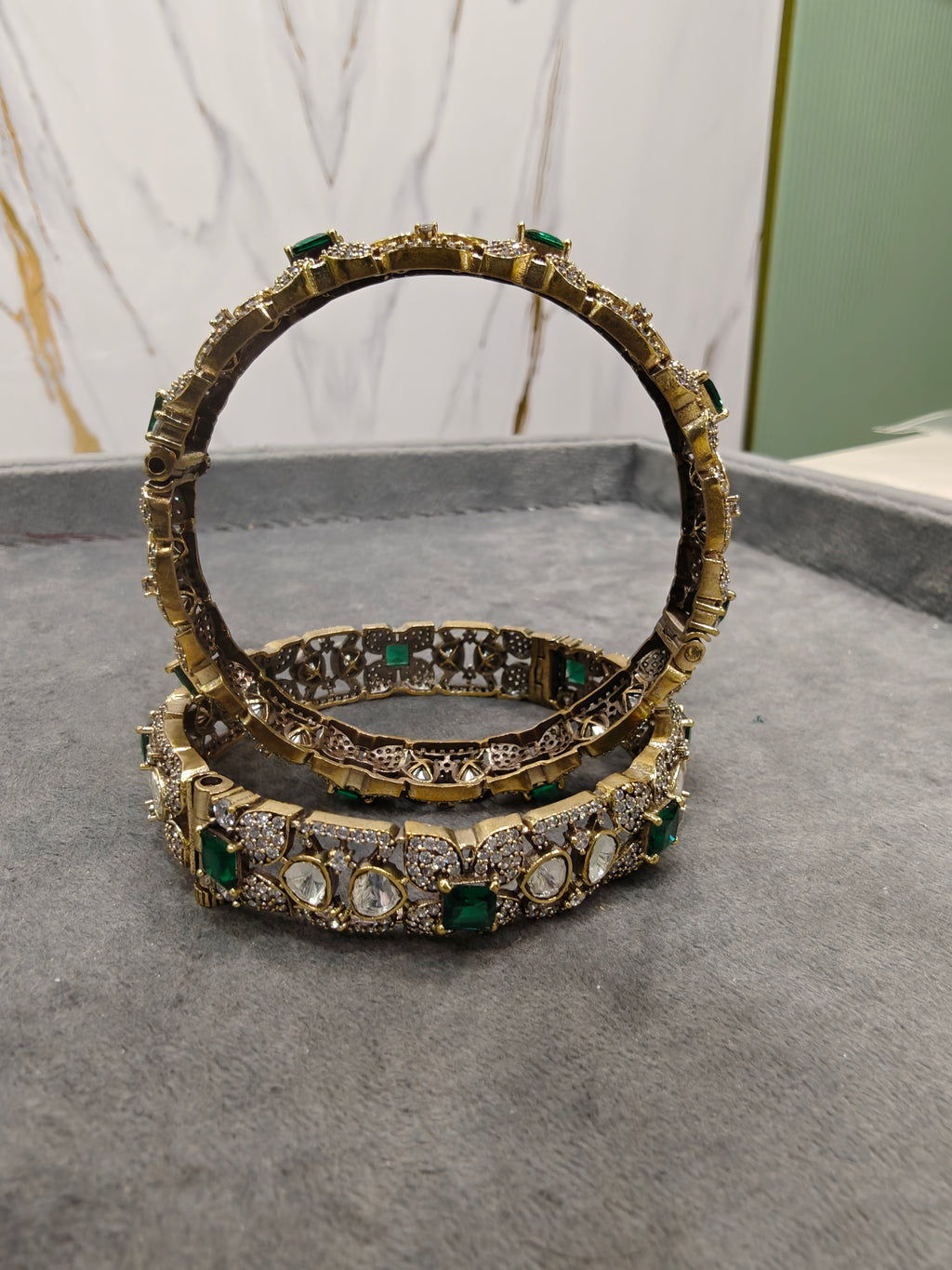 Jasvika Polki Victorian Openable Bangles- Green