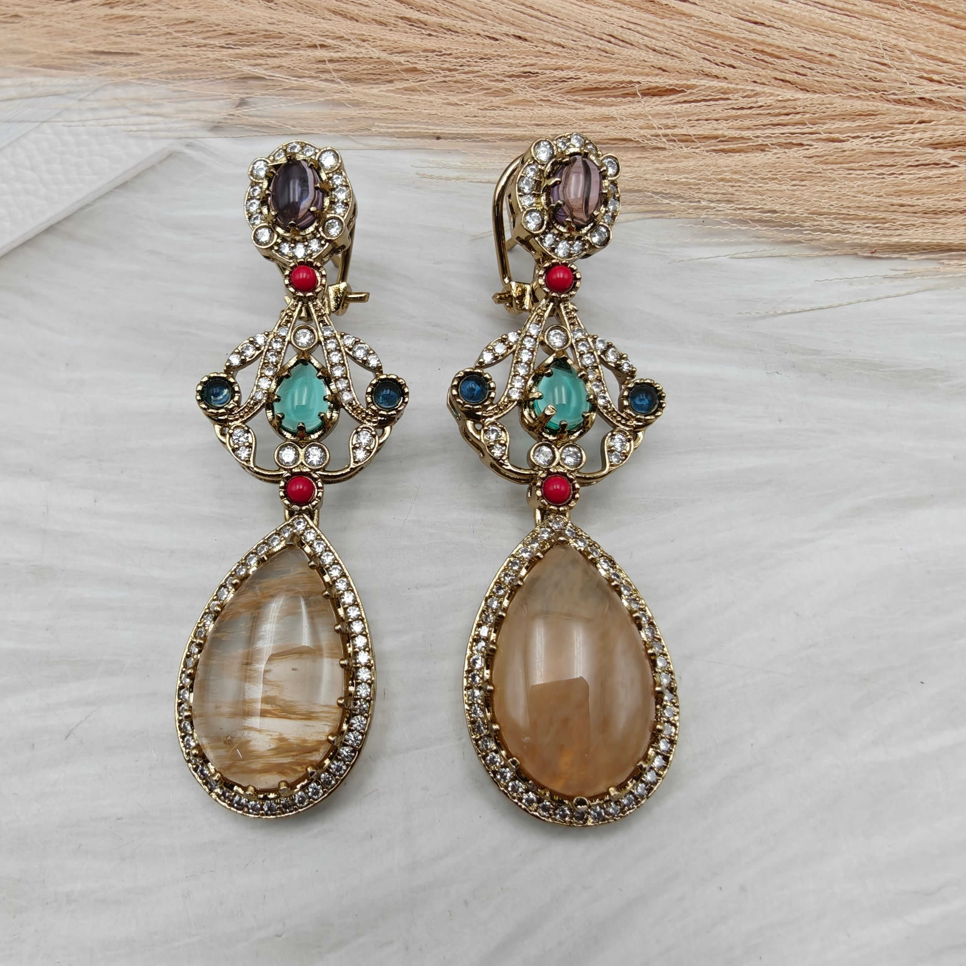 Ritvi Sabyasachi Inspired Premium Statement Earrings - Gold Rutilated Quartz