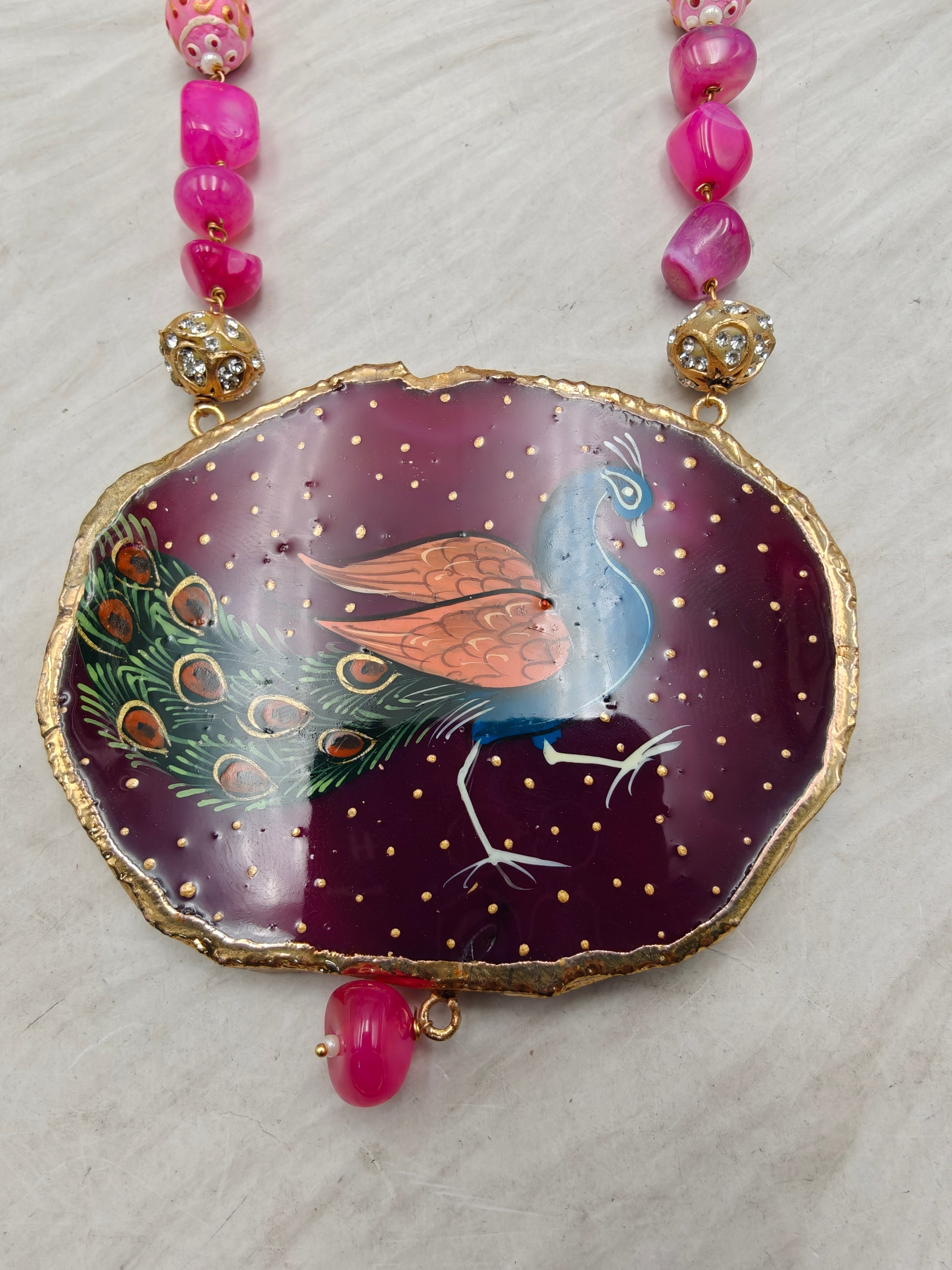 Peacock Tanjore Natural Stone Necklace Set - Hot Pink