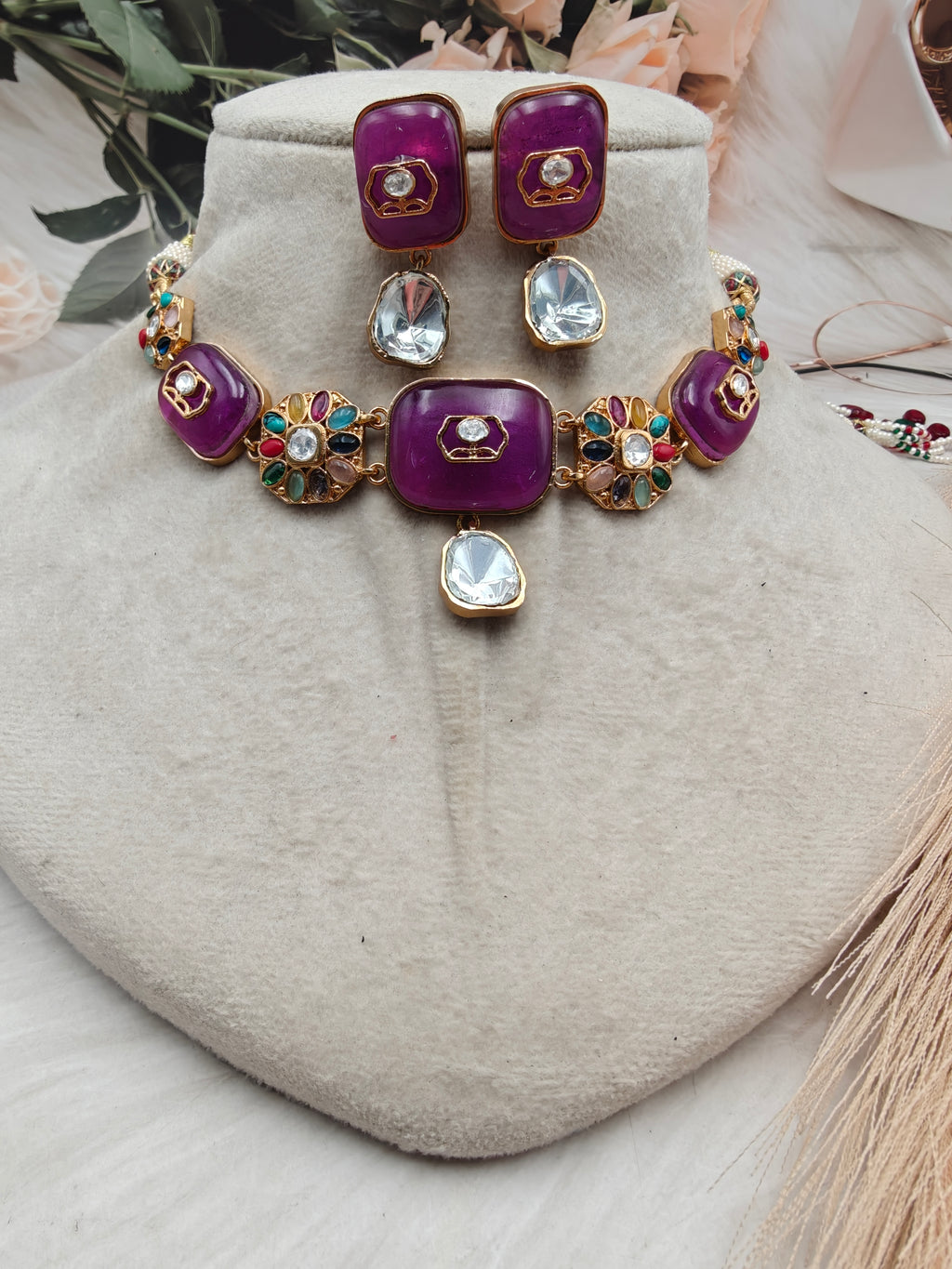 Satya Uncut Polki with Natural Stone Choker Necklace Set - Purple Multi