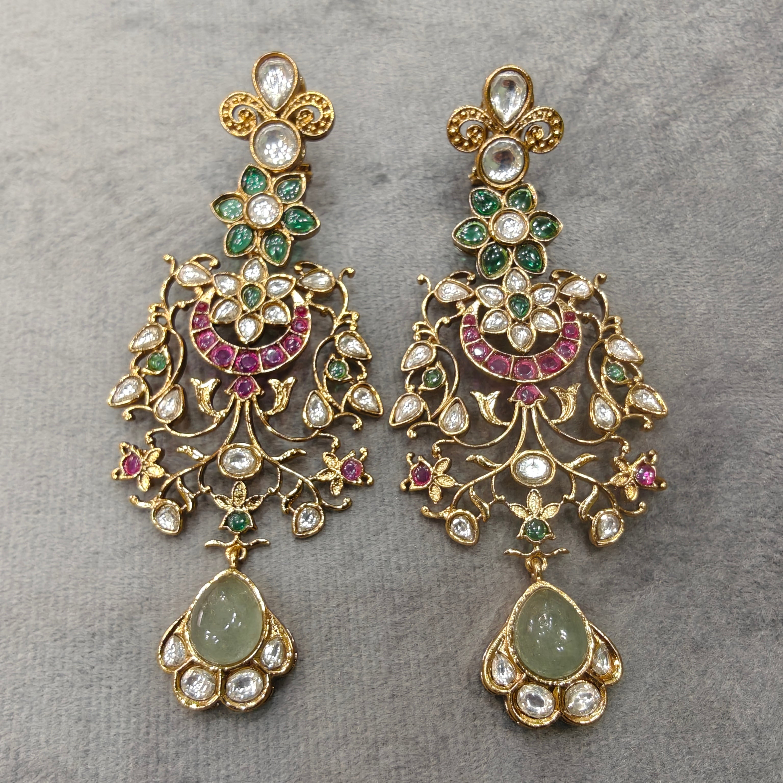 Sajdah Jadau Bikaneri Kundan Earrings - Mint Multi