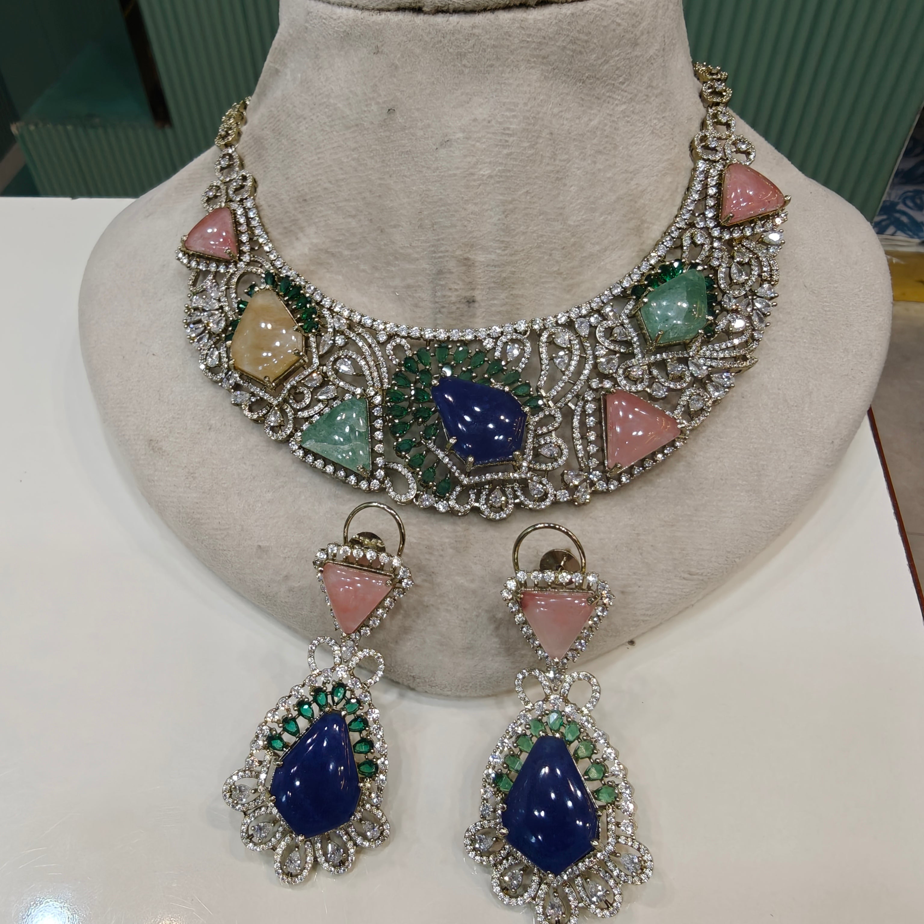 Anaisha Sabya Inspired Designer Necklace Set- Blue Green Multi
