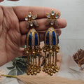 Varsha Takker Stone and Uncut Polki Brass Fusion Kashmiri Jhumki- Blue