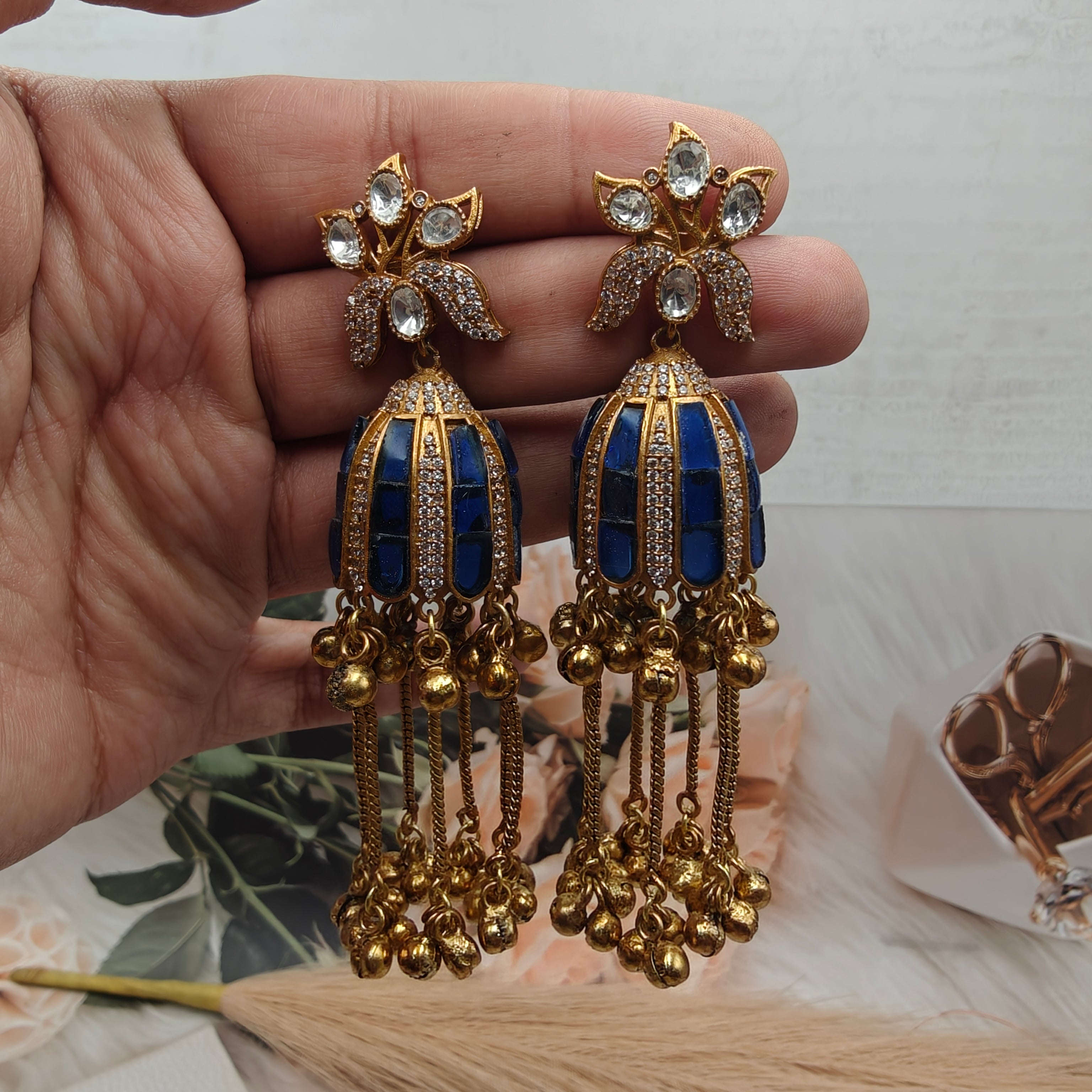 Varsha Takker Stone and Uncut Polki Brass Fusion Kashmiri Jhumki- Blue