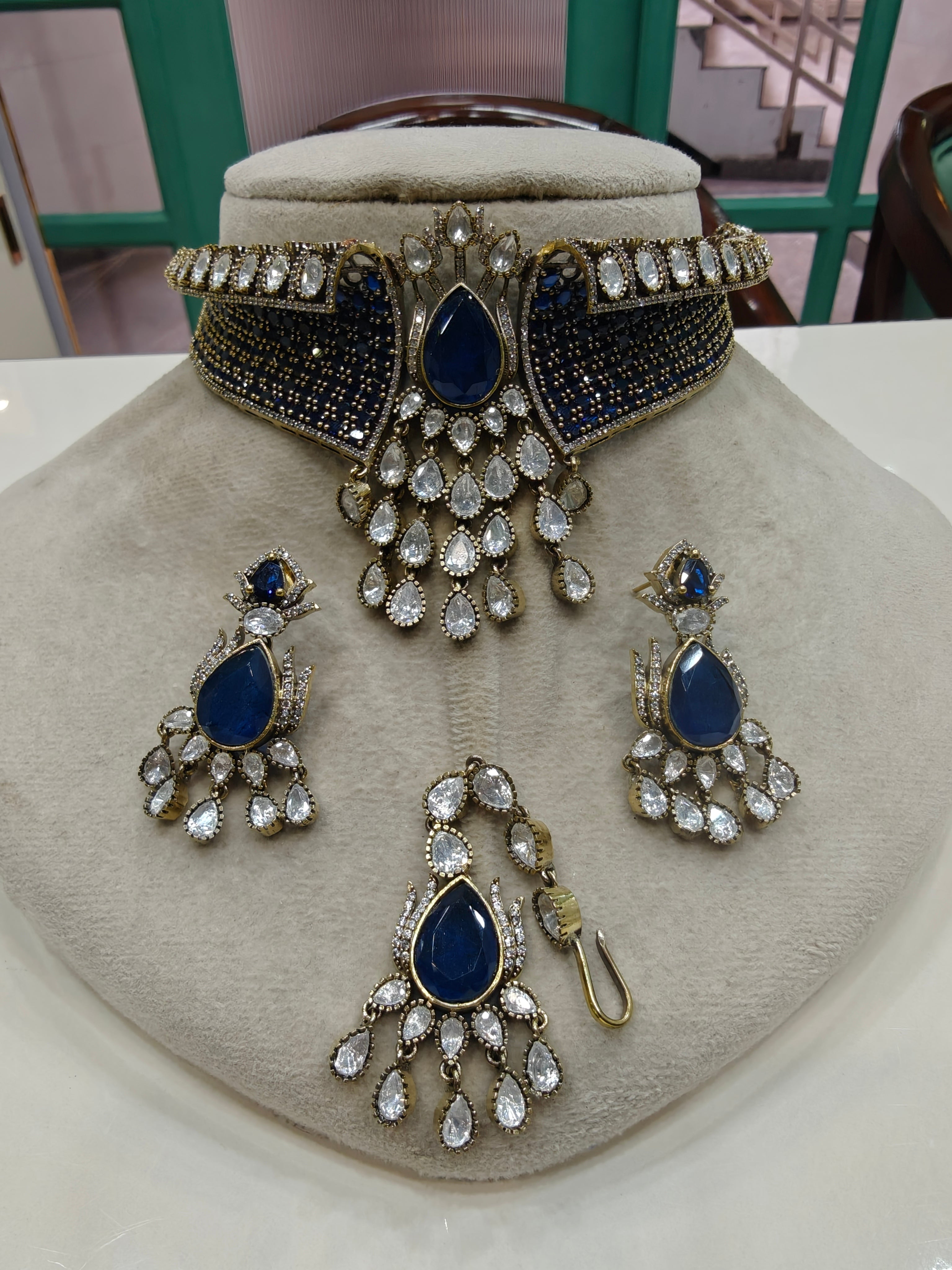 Achla Moissanite Hasli Style Necklace (Victorian Finish) - Blue
