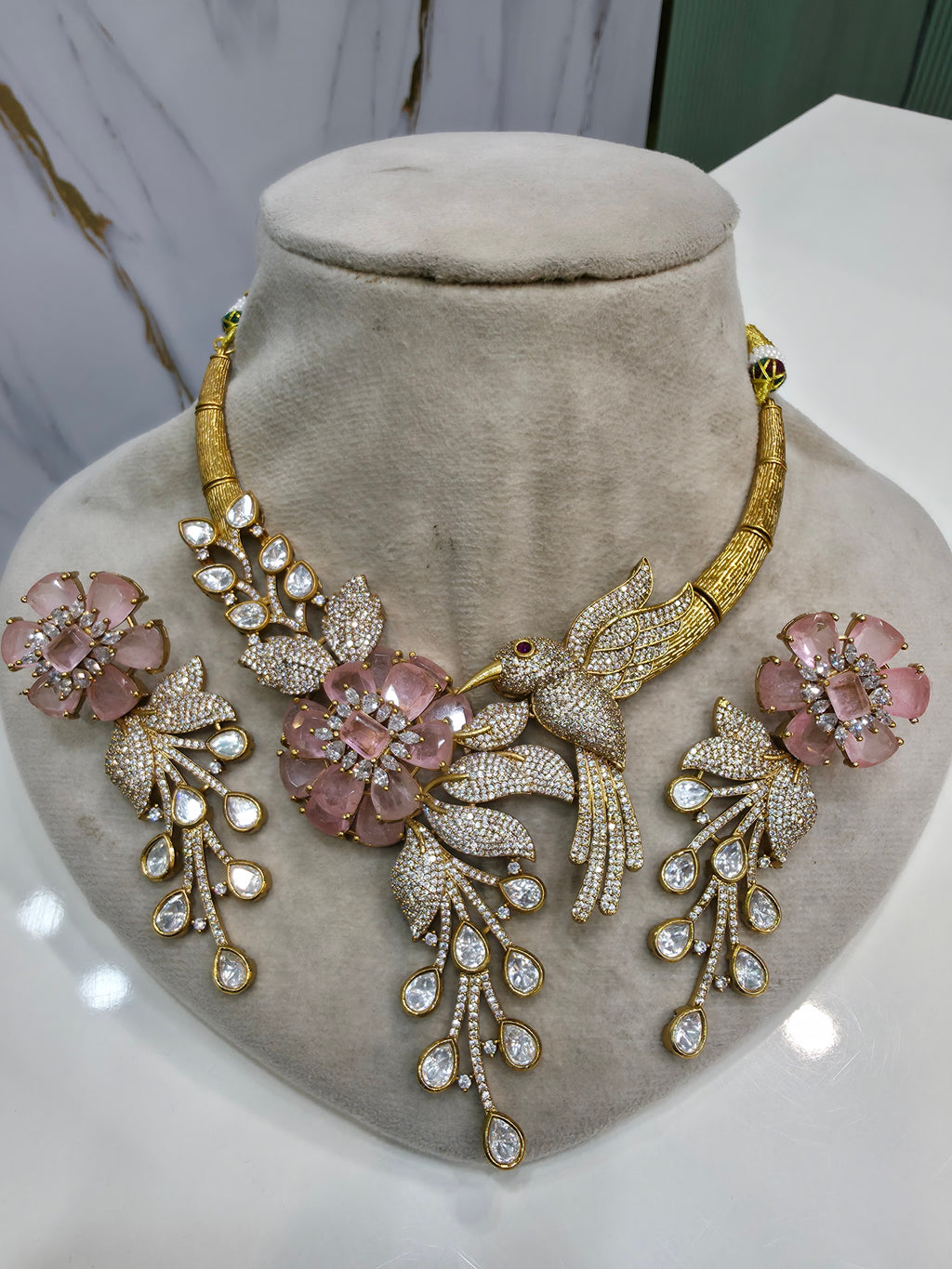 Nayera Vantara Doublet Necklace Set- Baby Pink