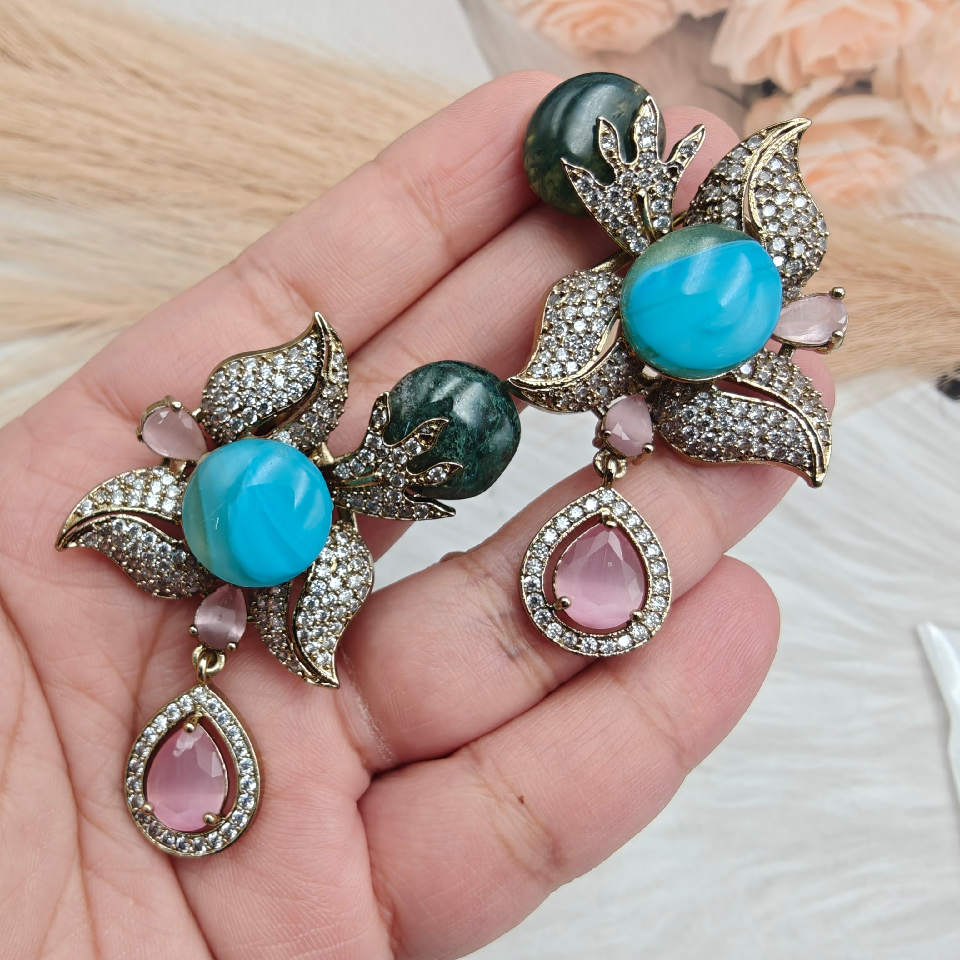 Nartika Sabyasachi Inspired Statement Gemstone Studs- Turquoise Pink