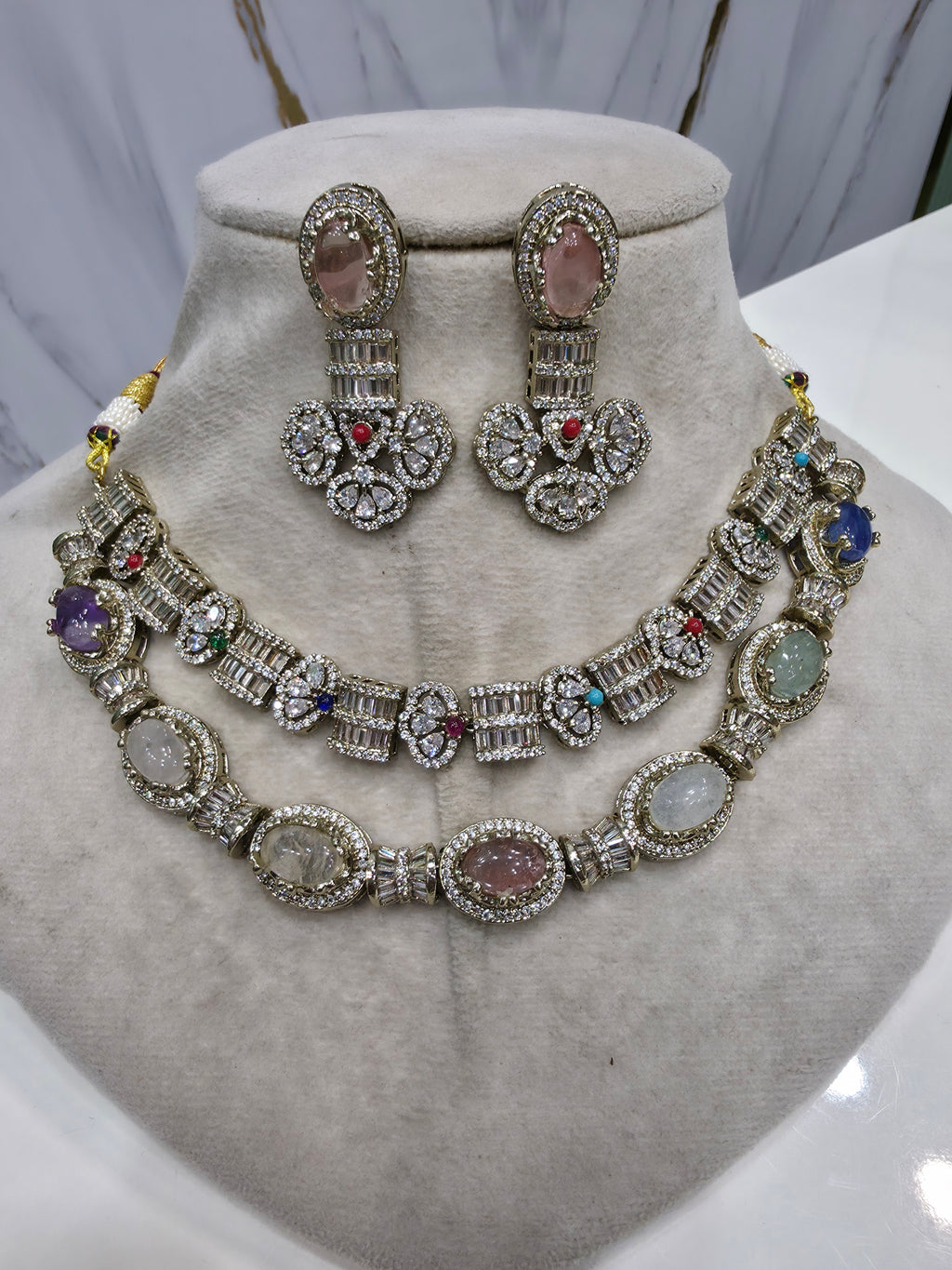 Double Layer Koshu Sabya Inspired Necklace Set- Multi