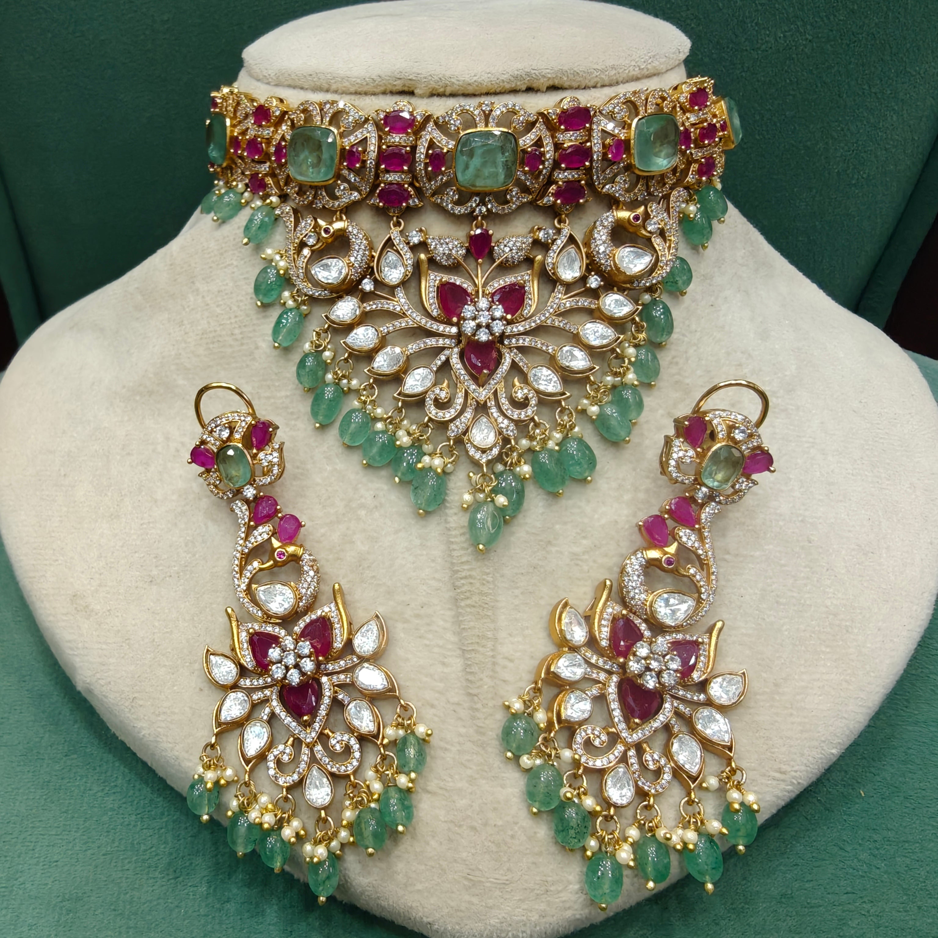 Gajgamini Moissanite Heritage Designer Choker Necklace Set- Ruby Mint