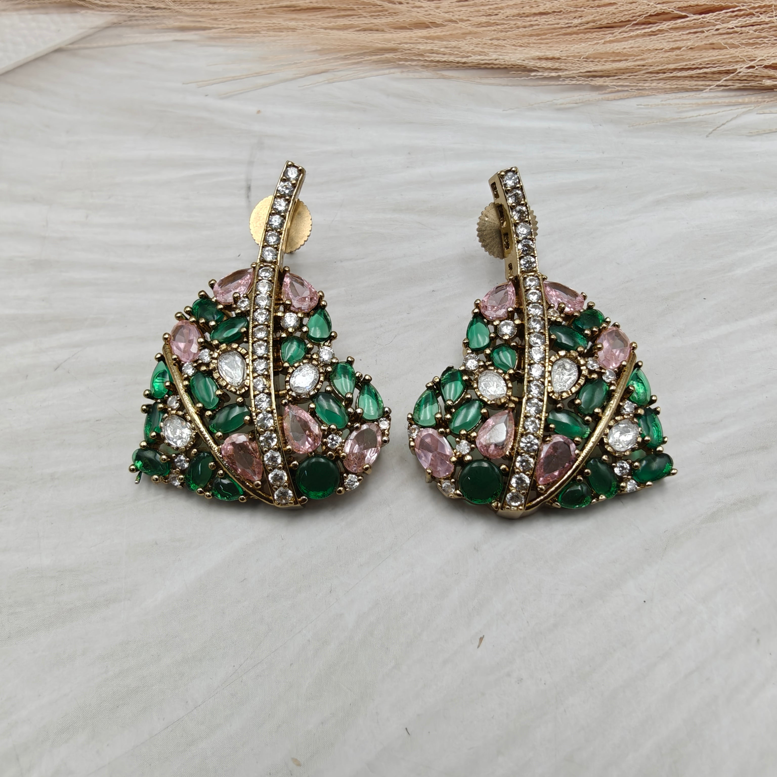 Heartleaf Pota Stone and Polki Statement Earrings - Green n Pink