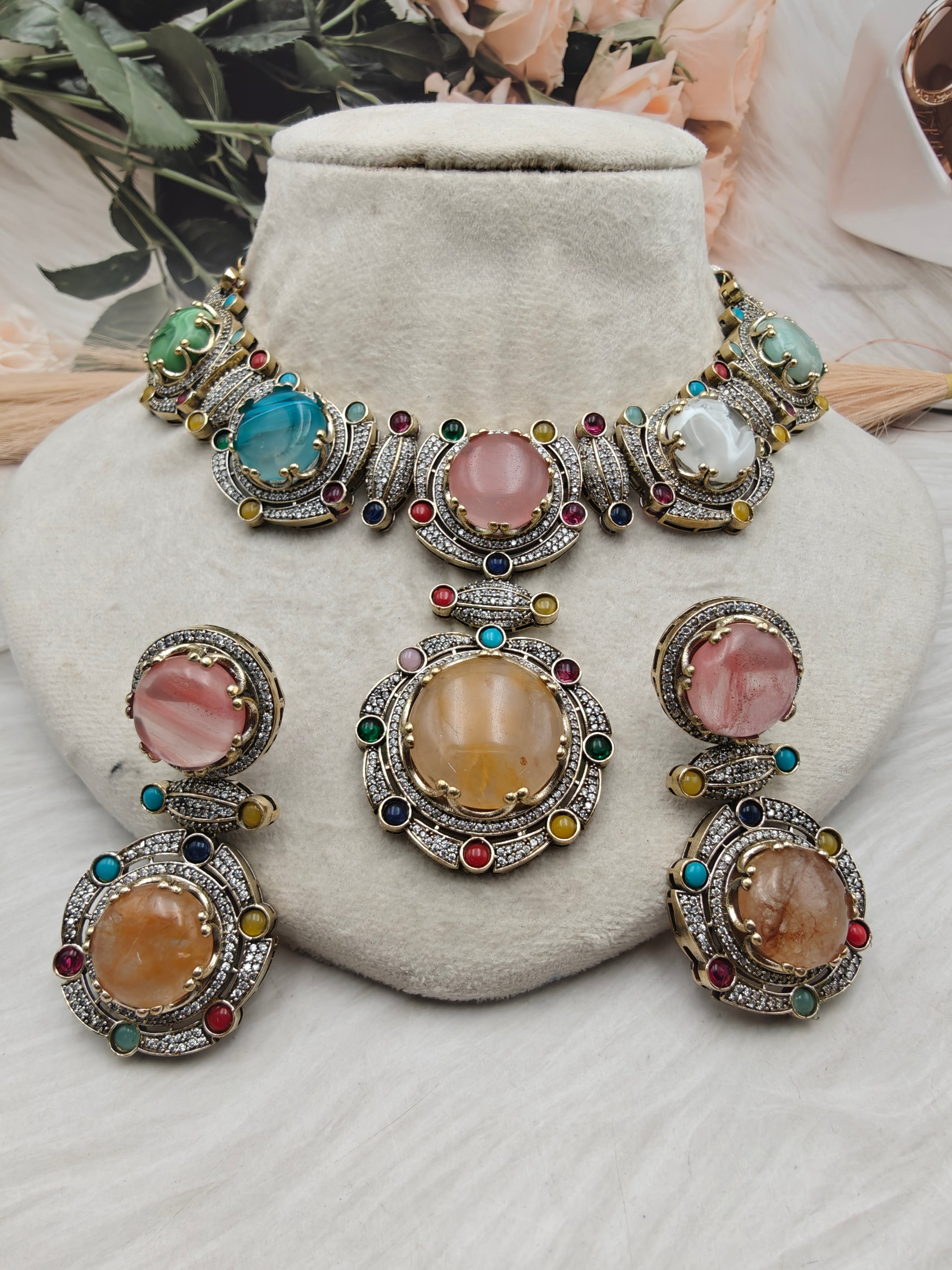 Maithali Sabyasachi Inspired Premium Semi Precious Stone Necklace Set - Multi 2