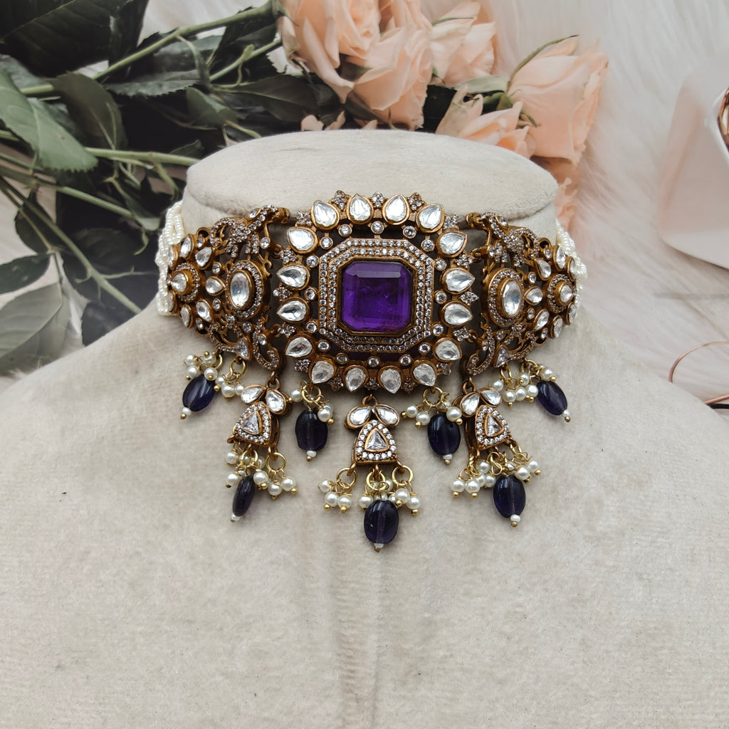 Shakti Doublet Victorian Finish Uncut Moissanite Polki Choker Set- Purple
