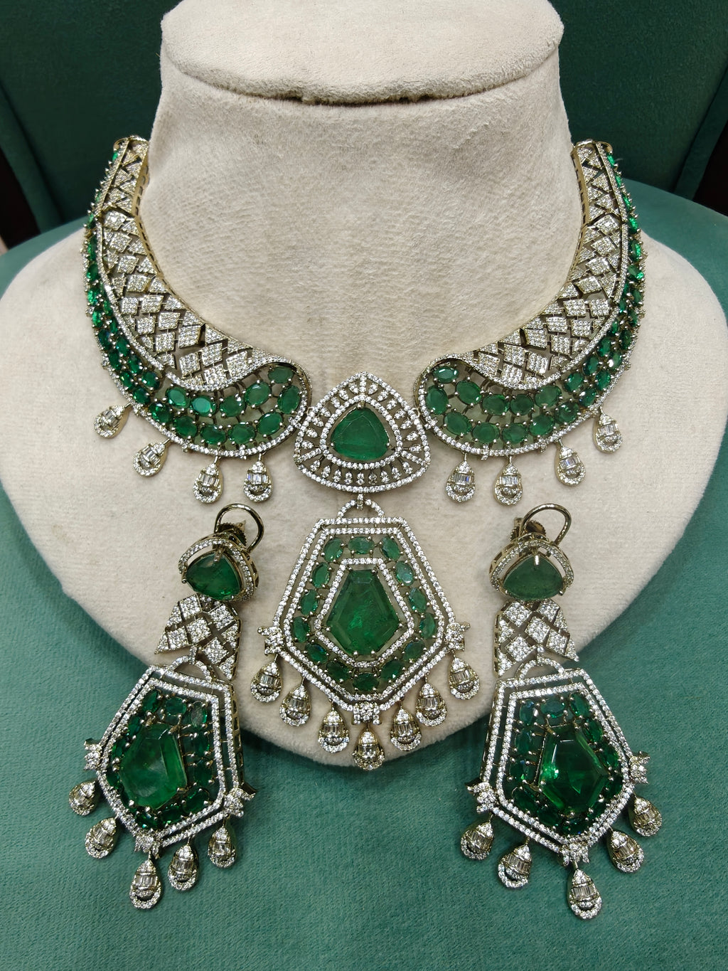 Kashish Doublet CZ Statement Designer Necklace Set- Rama Green