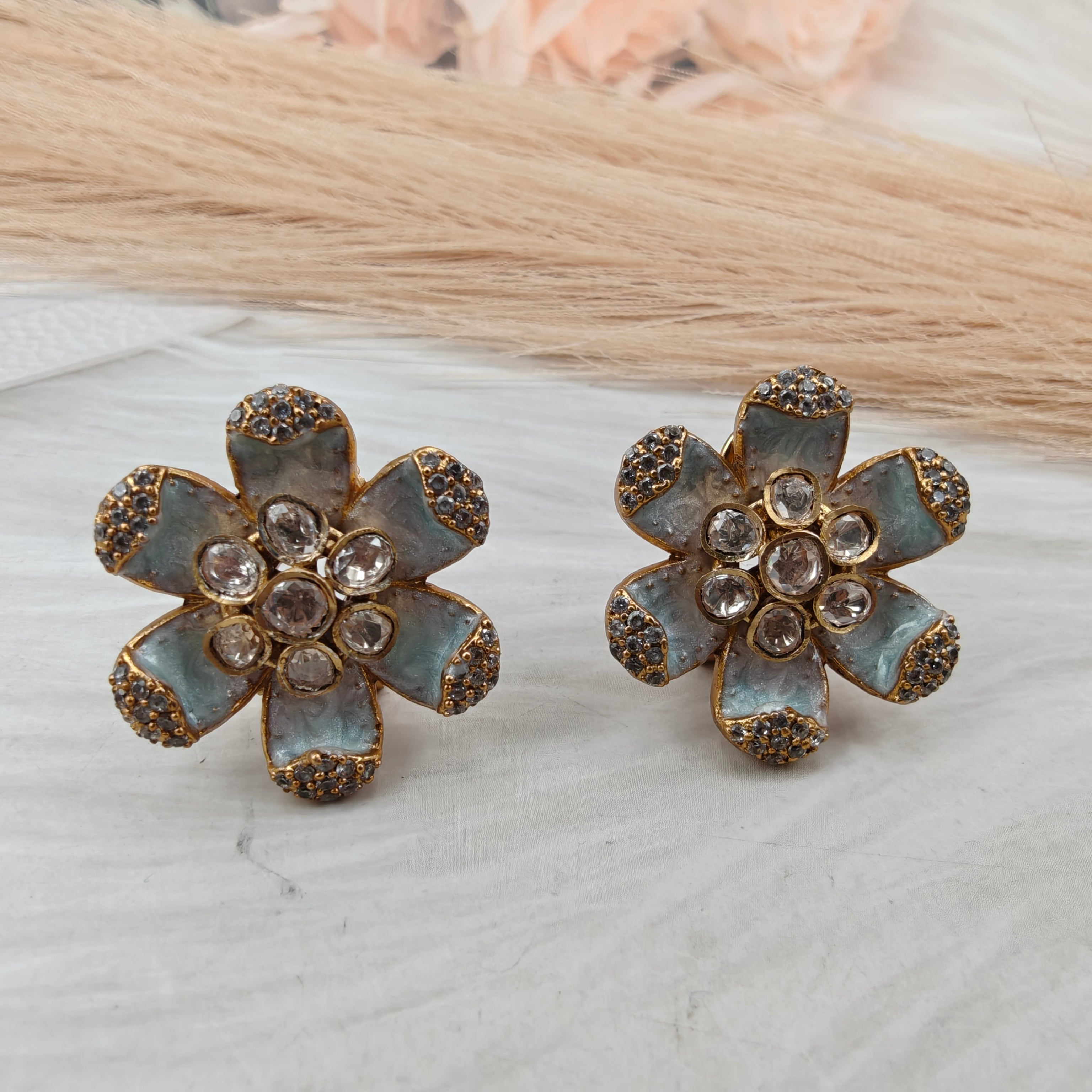 Chitra Italian Meena and Moissanite Studs- Powder Blue