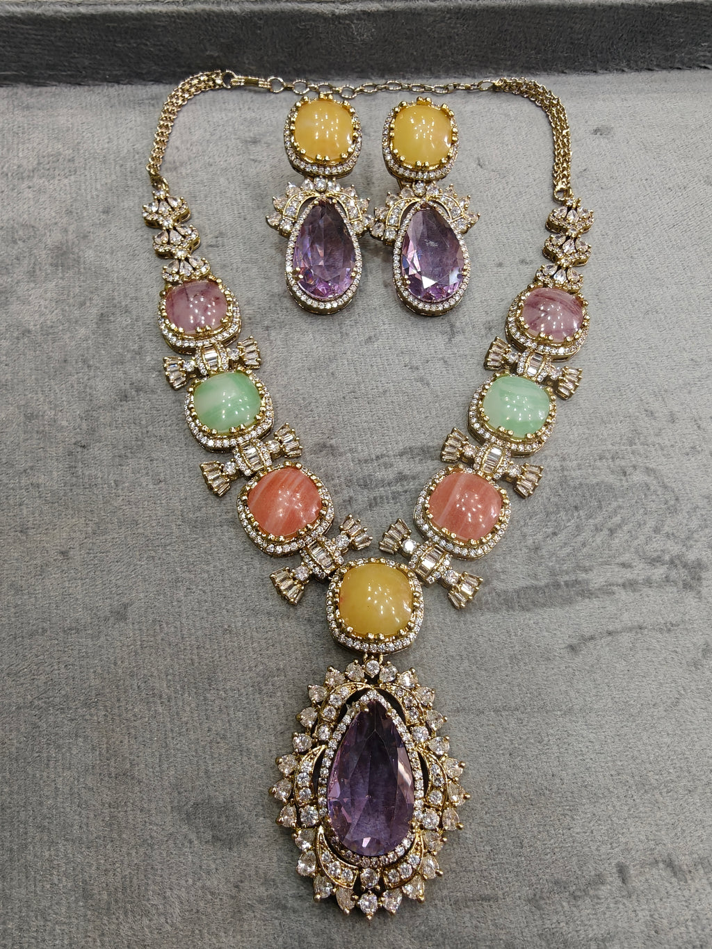 Sabyasachi Inspired Premium Statement Vajra Necklace Set- Lavender Multi