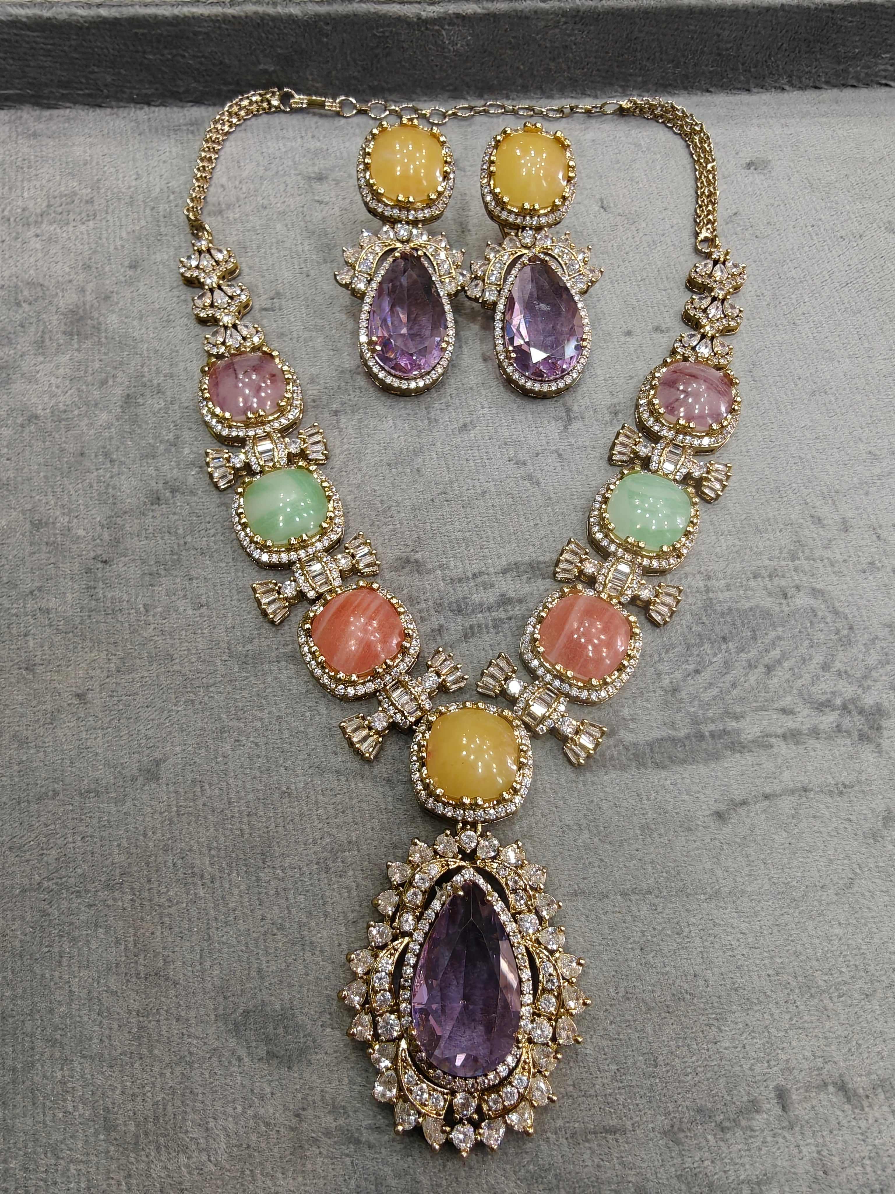 Sabyasachi Inspired Premium Statement Vajra Necklace Set- Lavender Multi