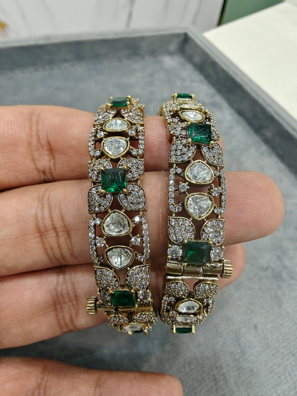 Jasvika Polki Victorian Openable Bangles- Green