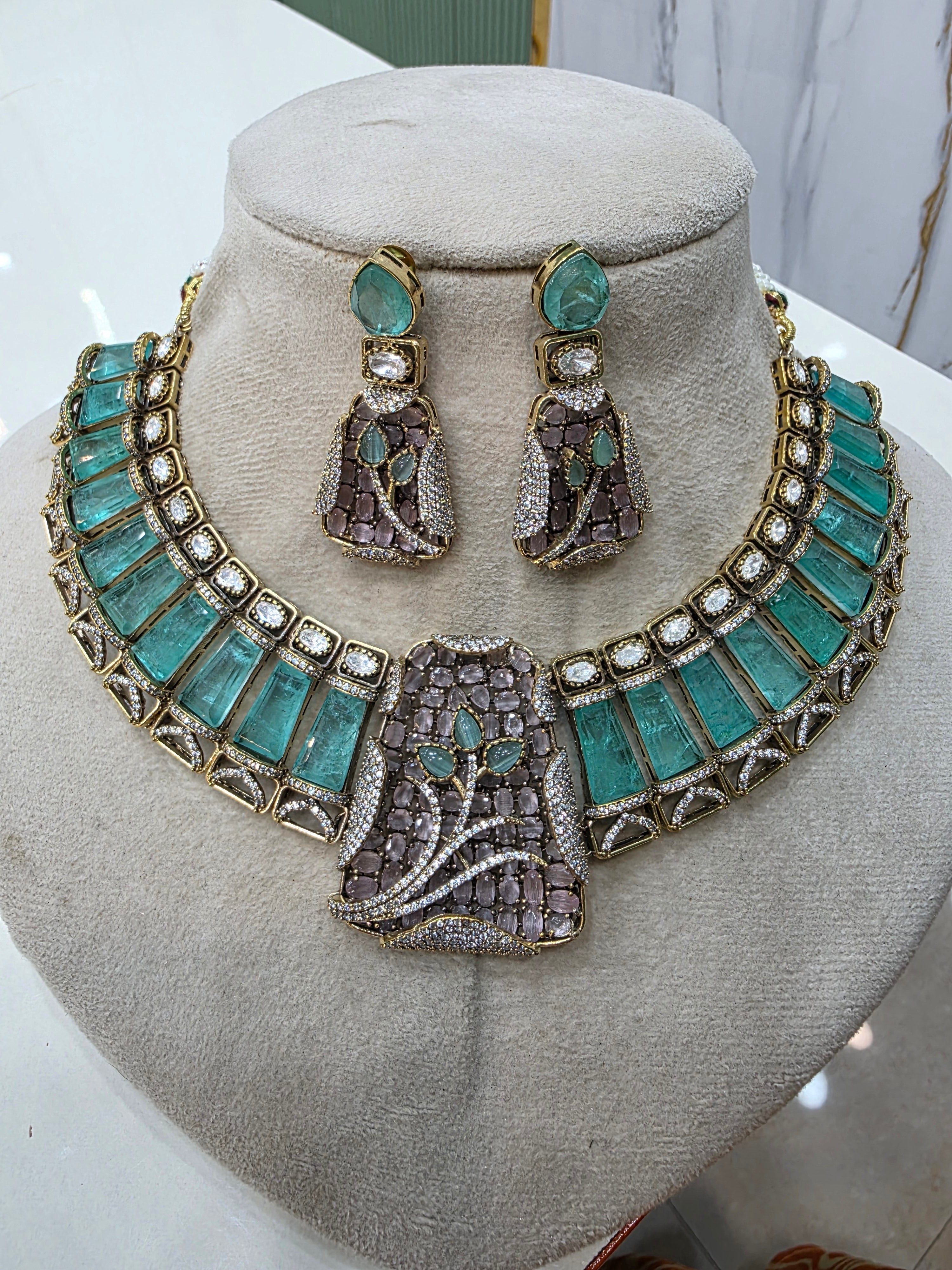 Aaina Doublet Designer Necklac3 Set- Aqua Blue and Soft Pink