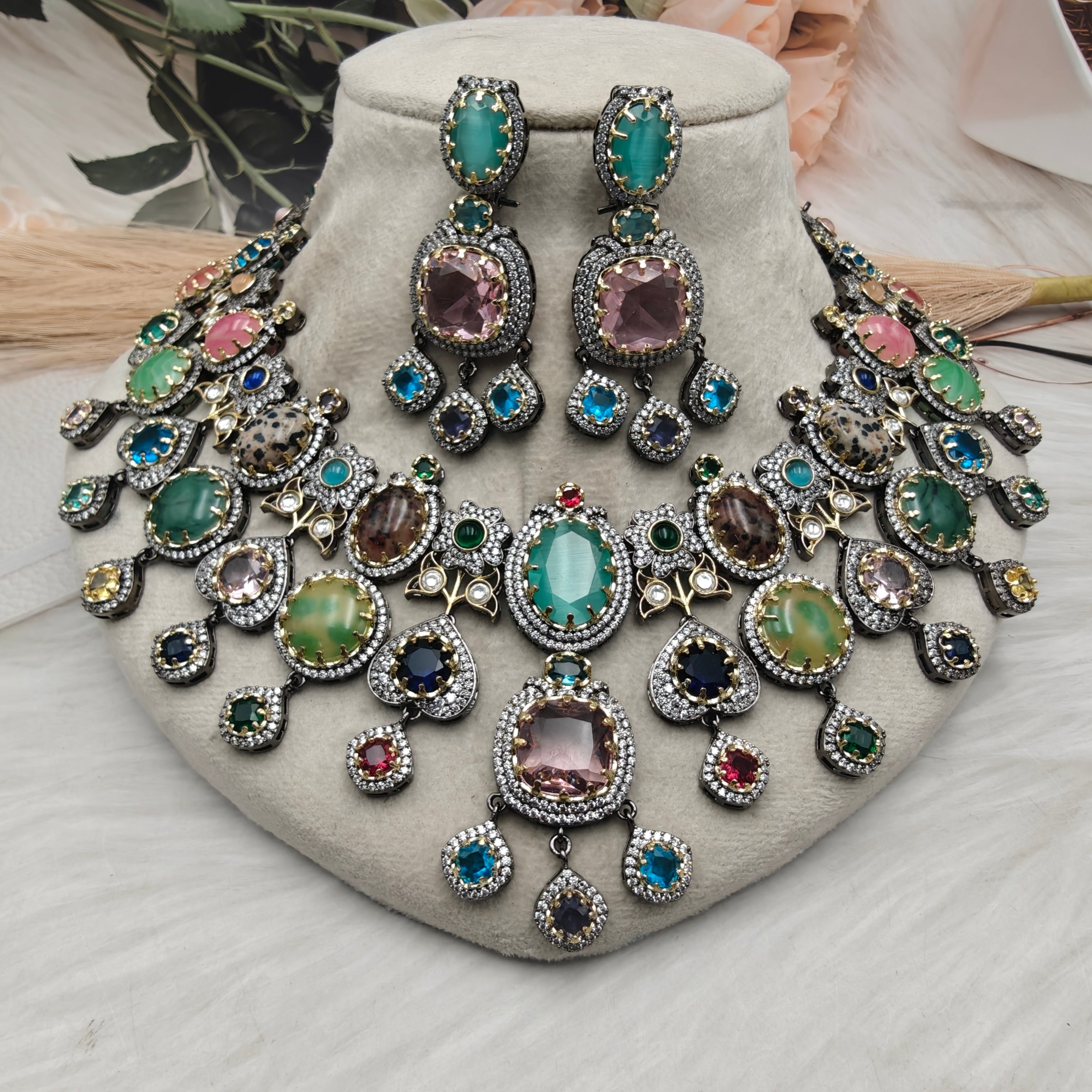 Emily Sabyasachi Inspired Statement Premium Gemstones Necklace Set