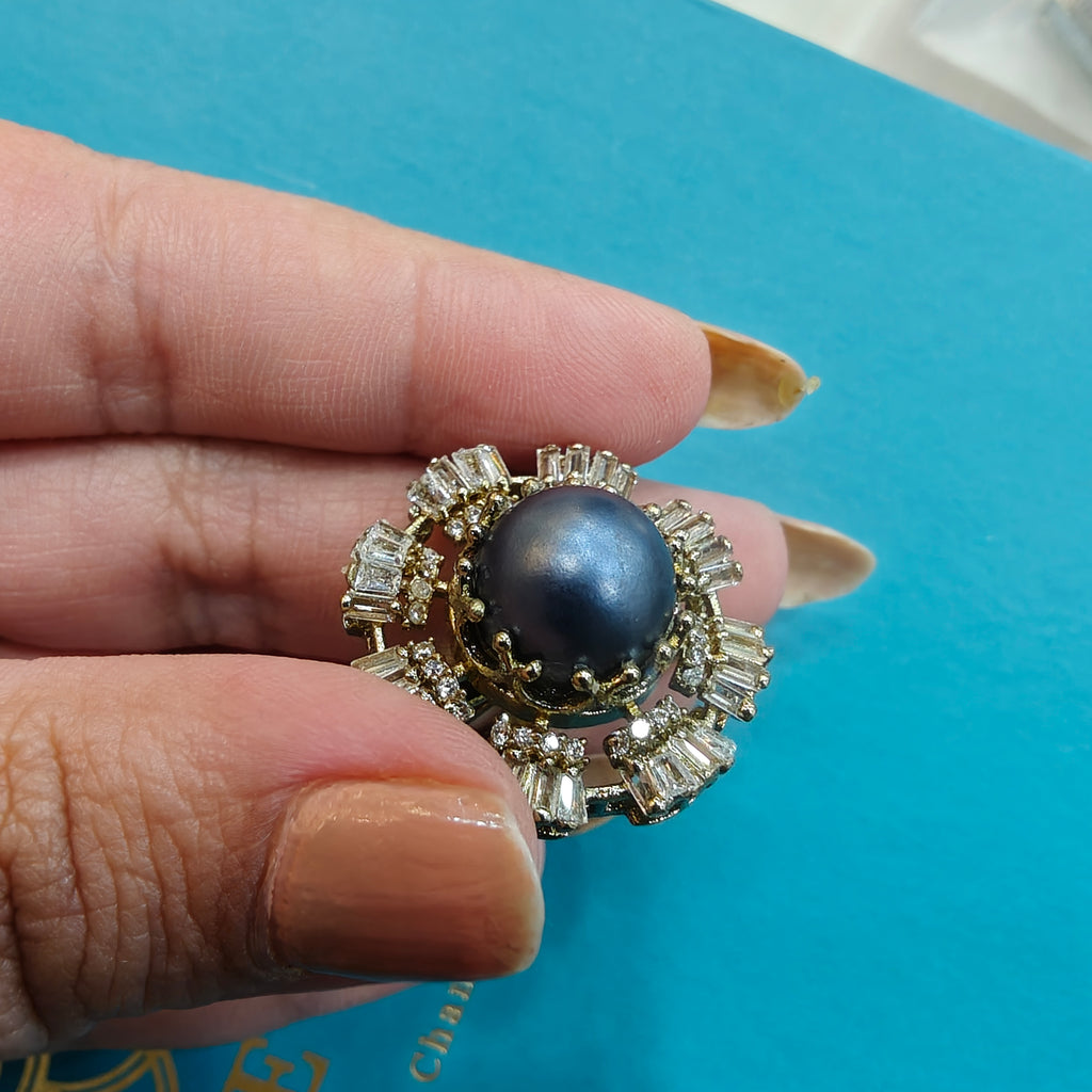Sakshi Natural Stone Baguette Adjustable Ring- Metallic Blue