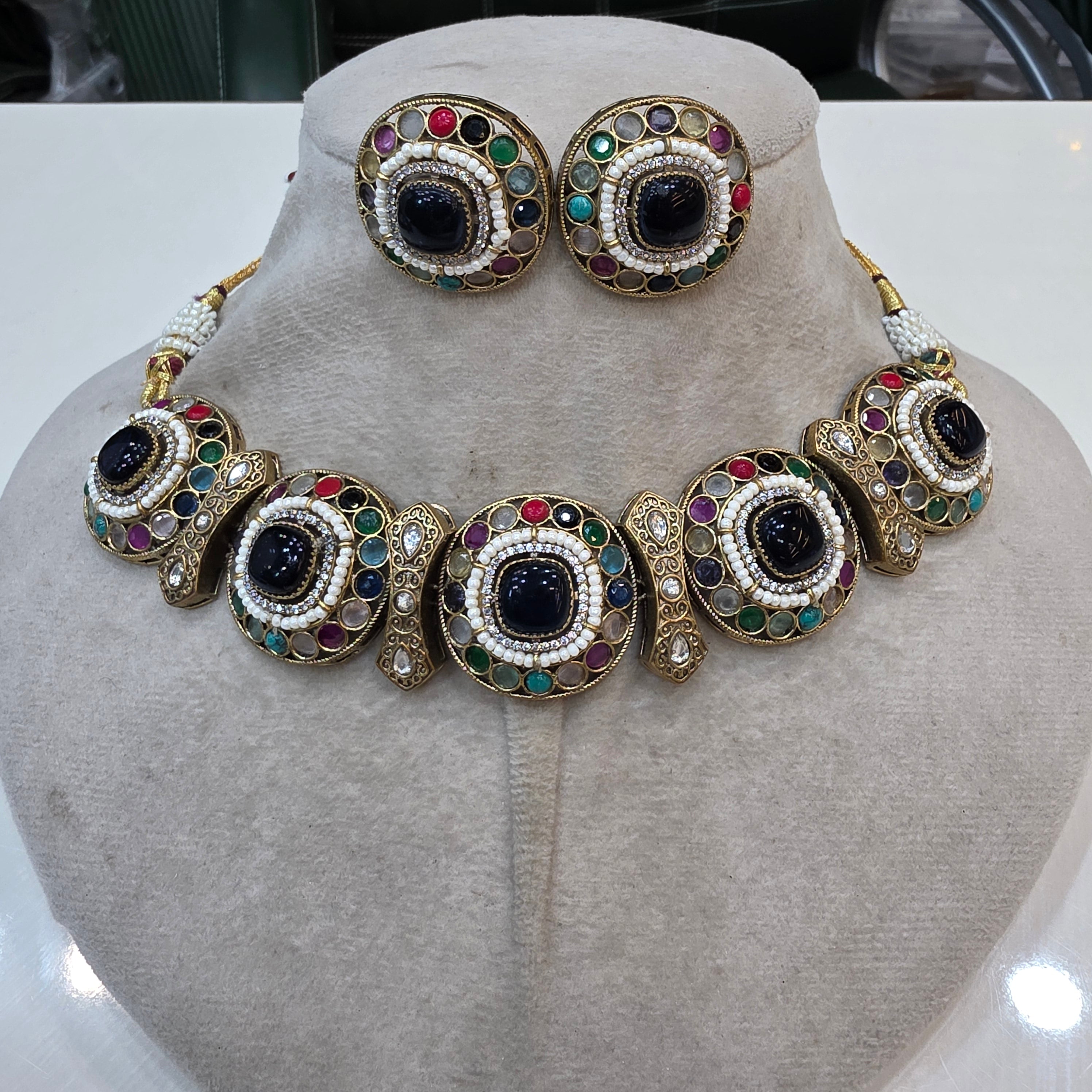 Anaysha Navratan choker Necklace Set- Blue Multi