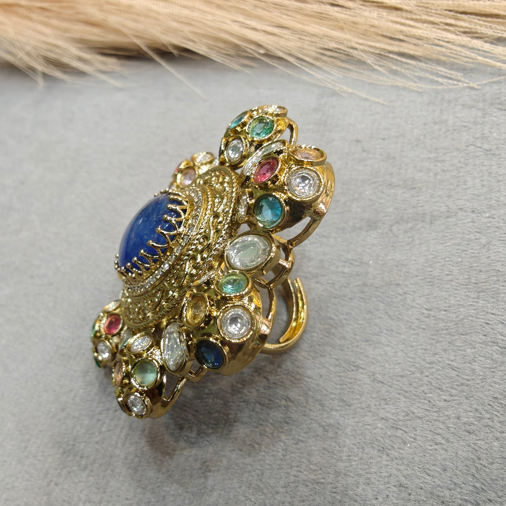 Sabyasachi Inspired Big Size Cocktail Adjustable Ring- Blue