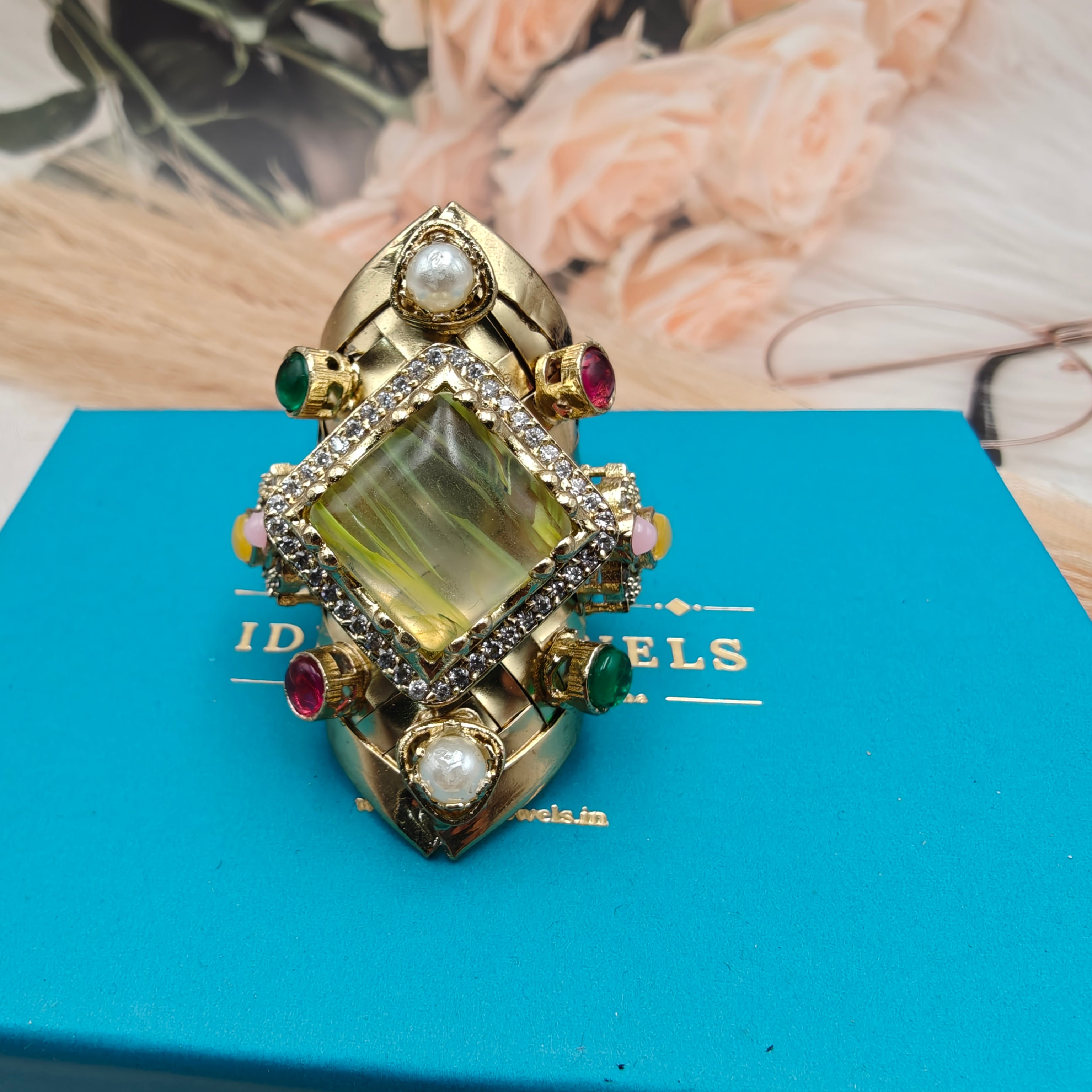 Anshika Brass Fusion Handcrafted Gemstone Sabya Inspired Statement Ring- Yellow