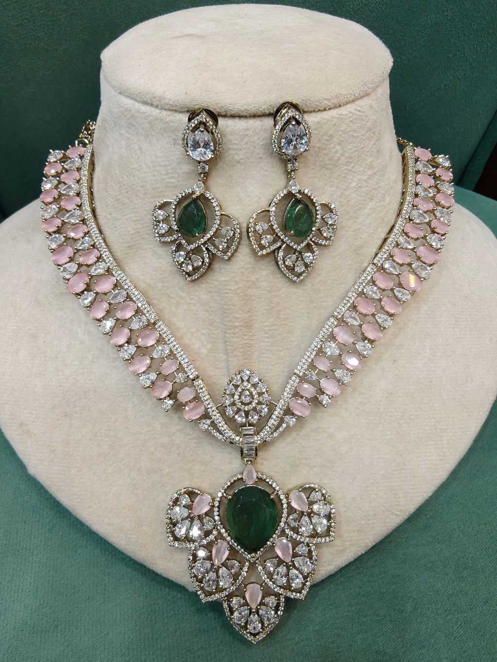 Mehfooz Doublet Designer Necklace Set- Soft Pink and Mint