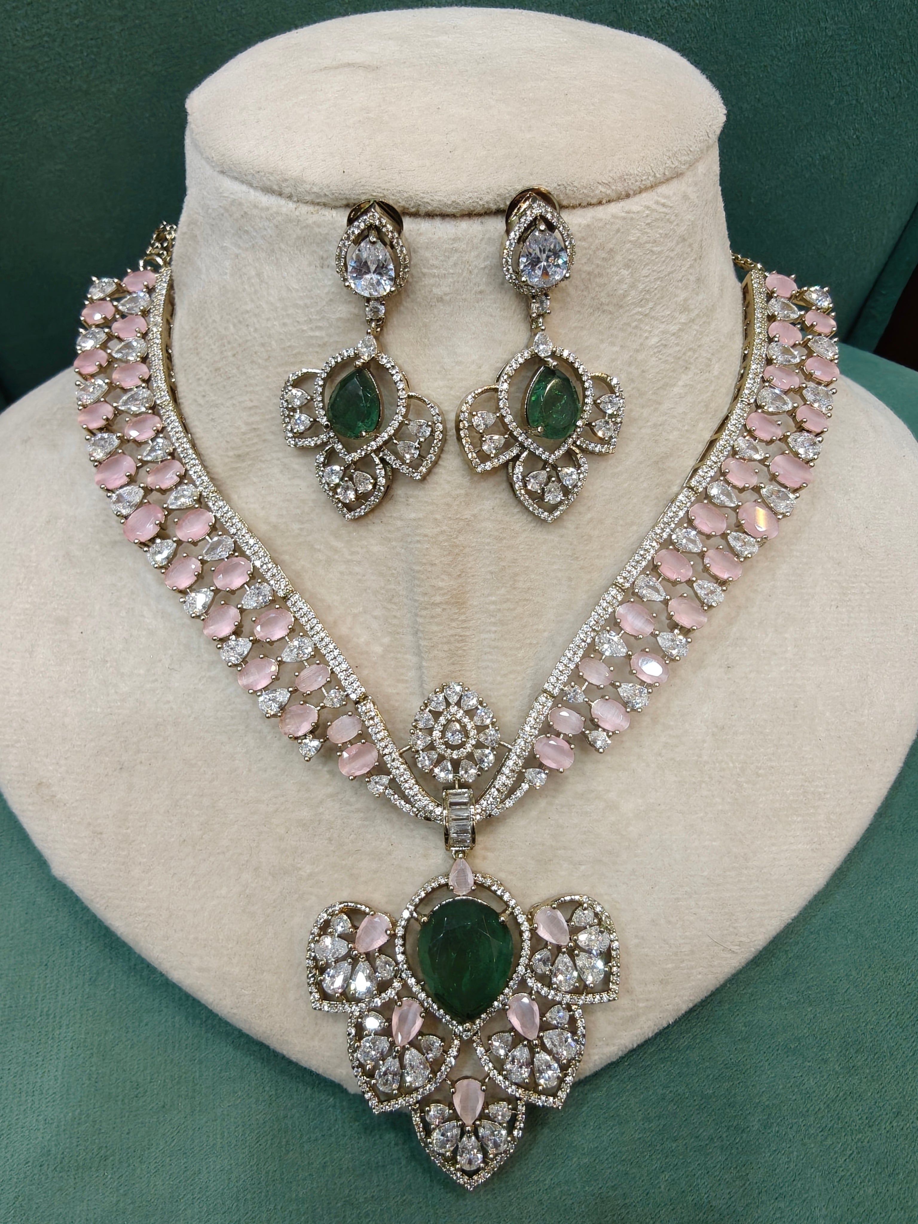 Mehfooz Doublet Designer Necklace Set- Soft Pink and Mint