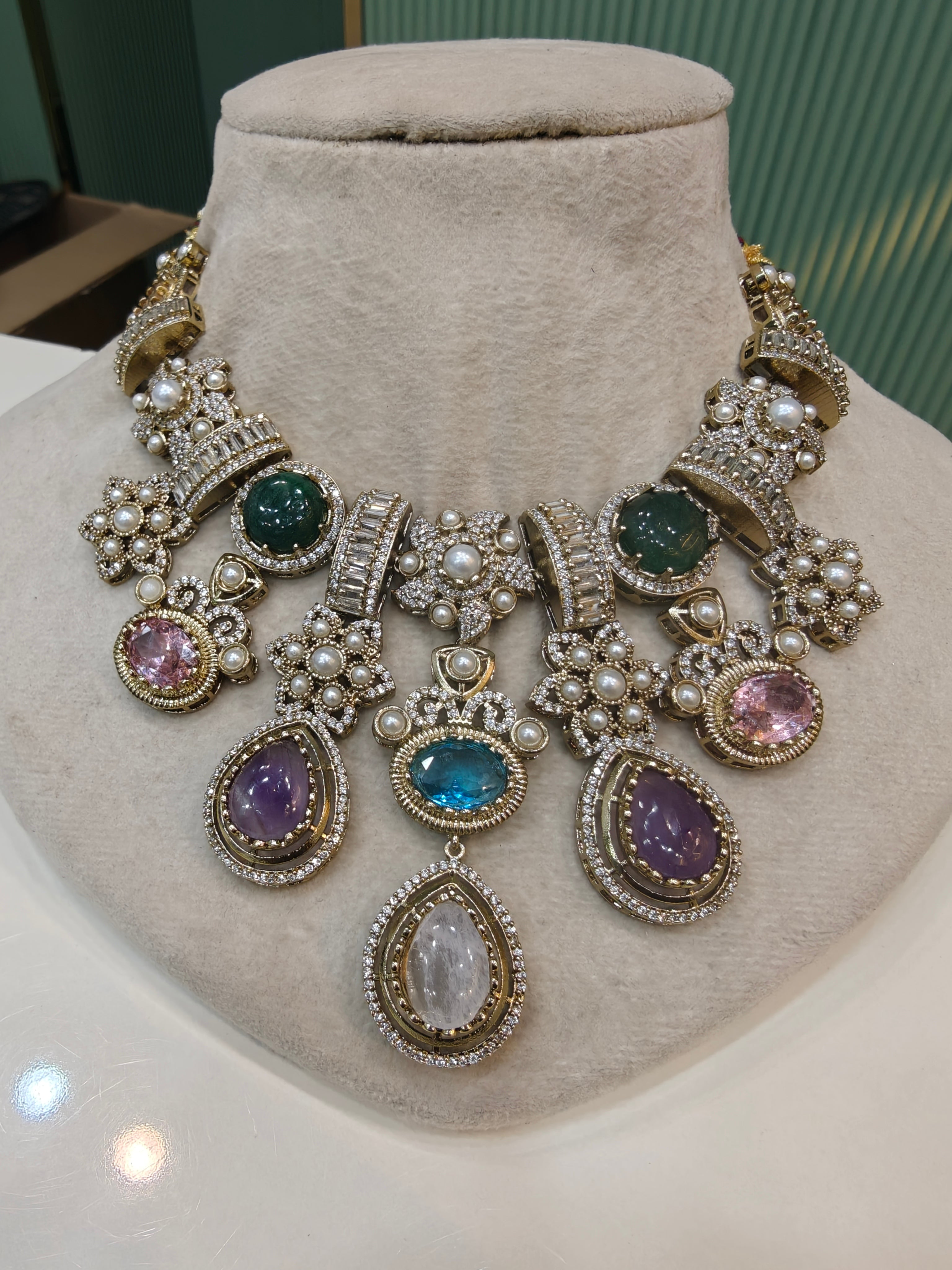 Sitara Sabya Inspired Necklace Set- Rose Quartz Multi