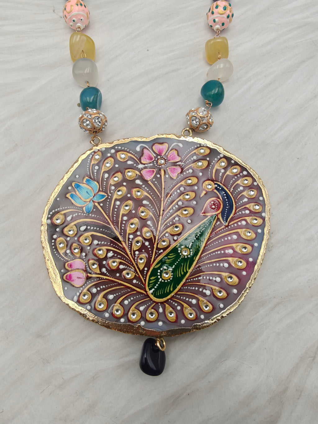 Tanjore Natural Stone Necklace Set - Multi