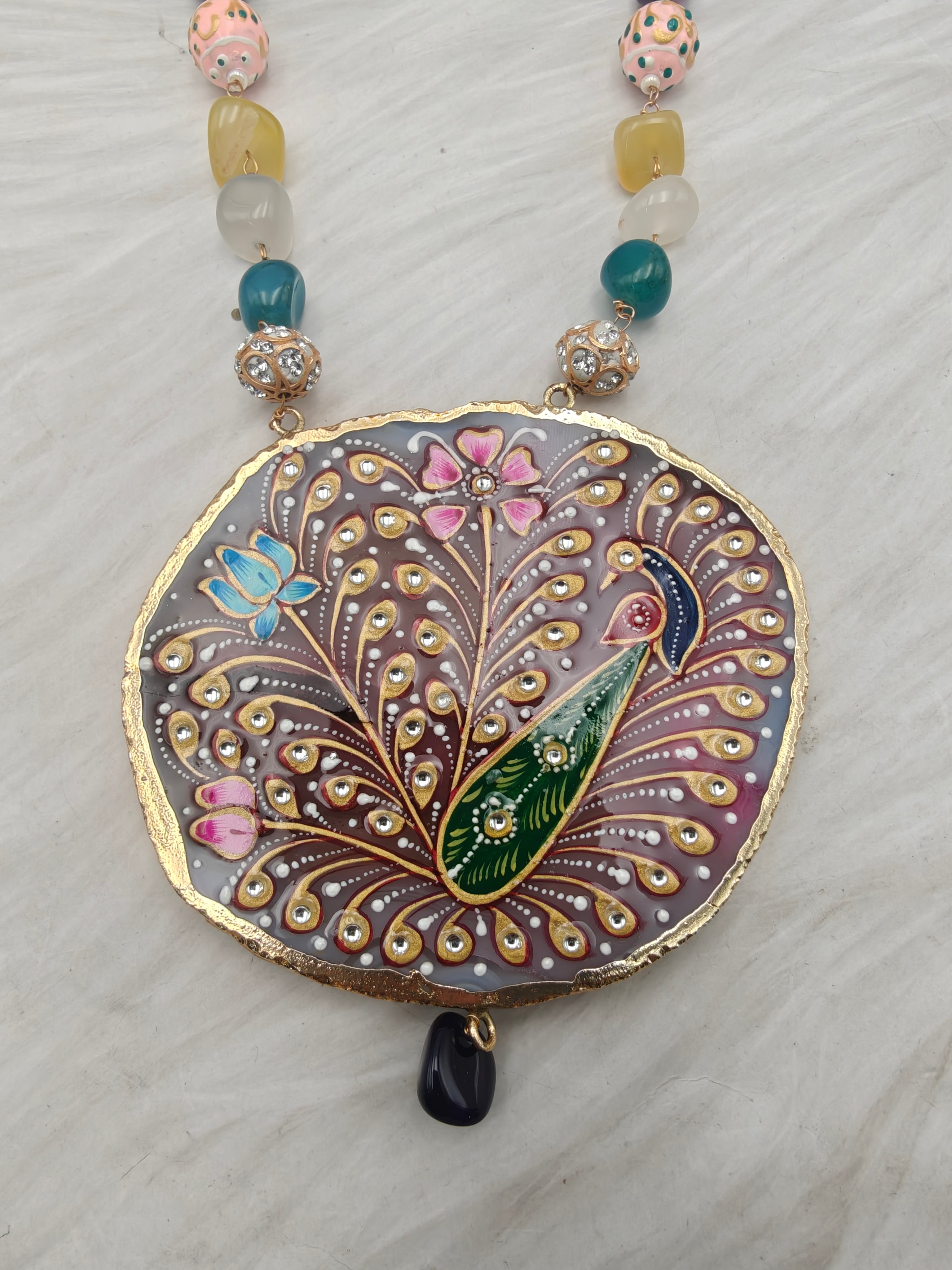 Tanjore Natural Stone Necklace Set - Multi