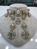 Anantara Sabyasachi inspired Gemstone Choker Necklace Set- Green Aventurine and Rose Quartz
