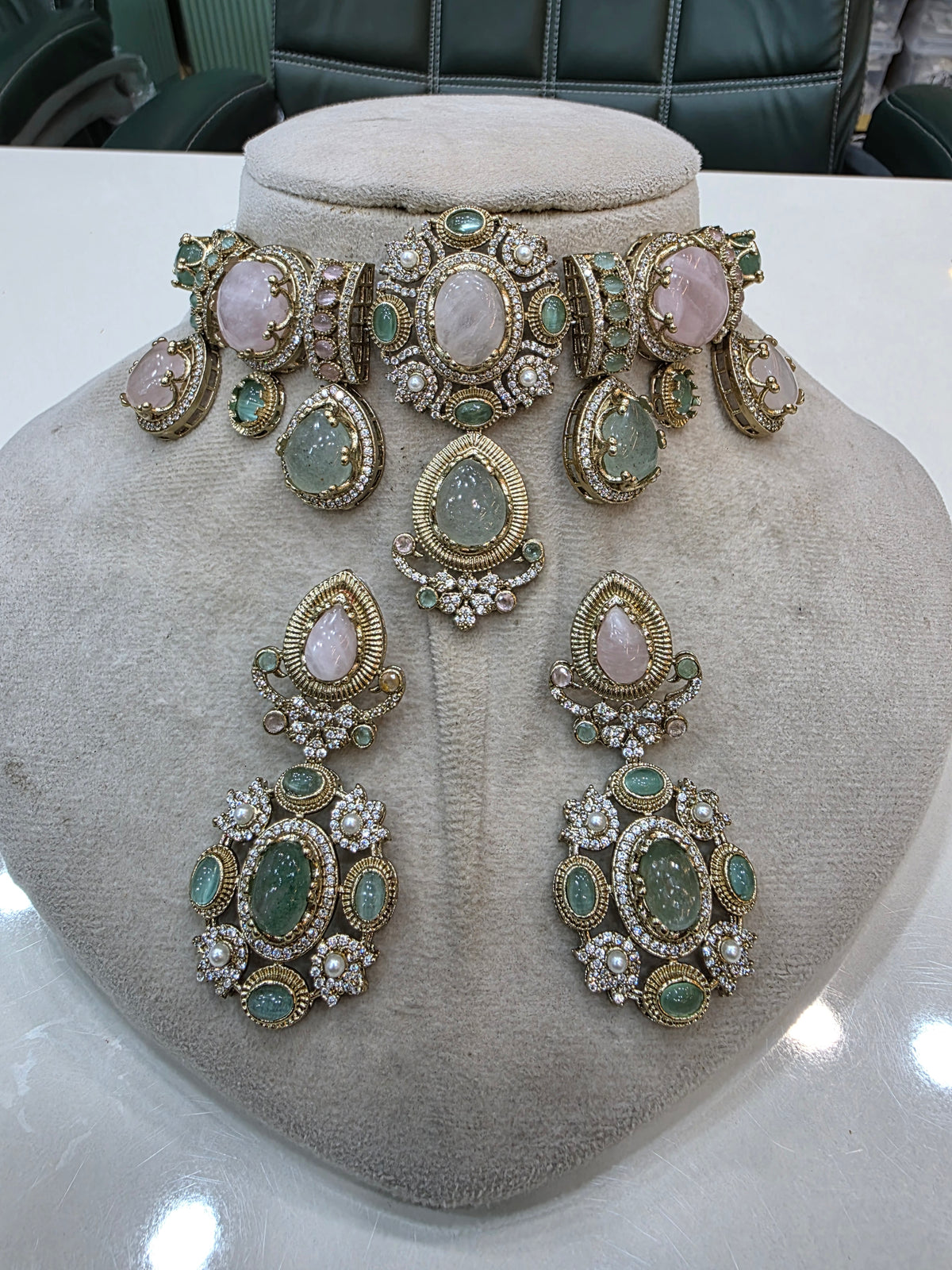 Anantara Sabyasachi inspired Gemstone Choker Necklace Set- Green Aventurine and Rose Quartz