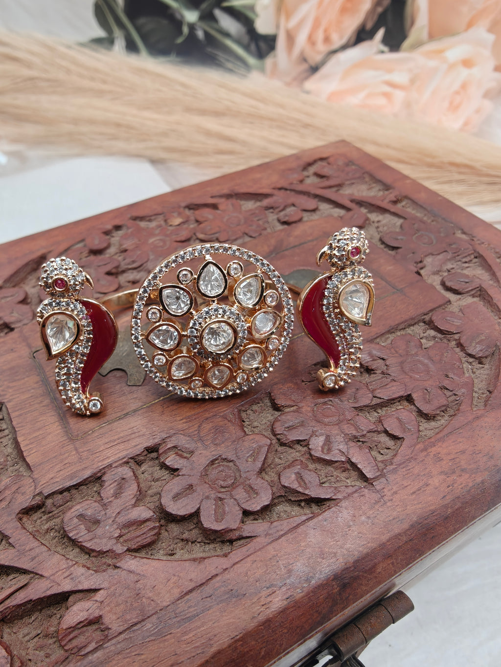 Lavya Bird Moissanite Double Finger Ring - Ruby