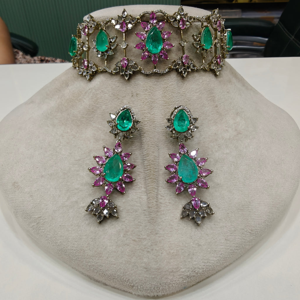Muskaan Russian Doublet Cut Polki Choker Set- Mint Green