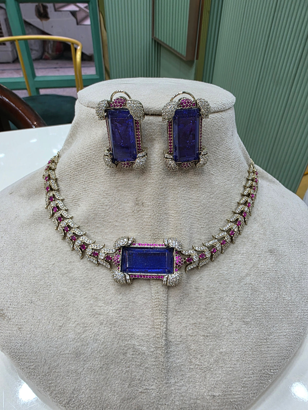 Akriti Doublet Sleek Statement Choker Set- Blue Ruby Pink