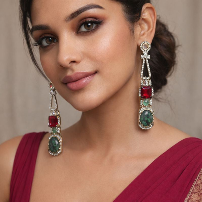 Rohini Sabya Inspired Gemstone Statement Earrings-Moss Green and Red