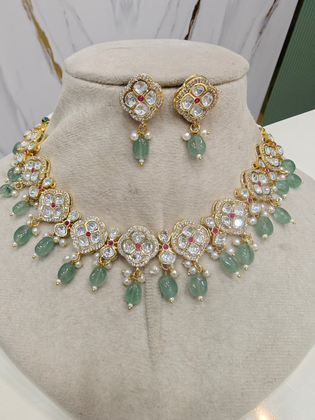 Anvesha Tyani Kundan Necklace Set- Mint Green